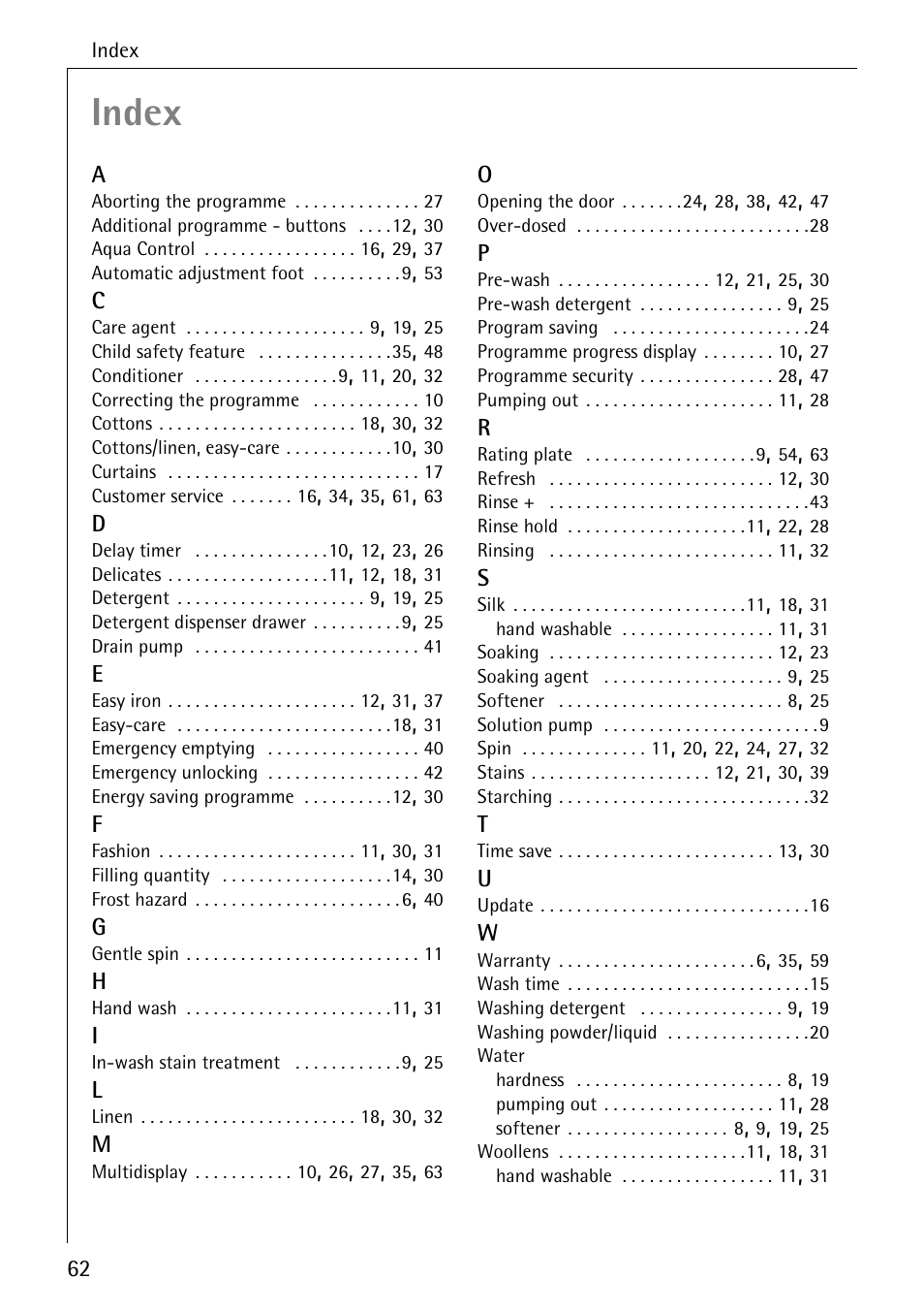 Index | AEG OKO-LAVAMAT 84760 User Manual | Page 62 / 64