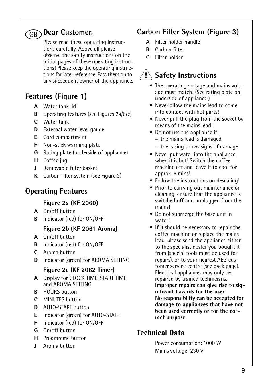 Dear customer, Features (figure 1), Operating features | Carbon filter system (figure 3), Safety instructions, Technical data | AEG KF 2061 AROMA User Manual | Page 4 / 10