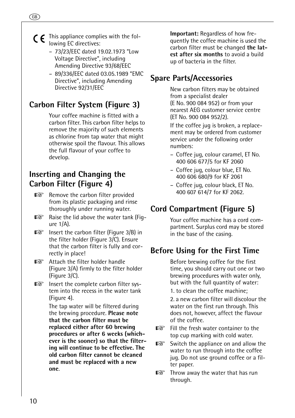 Carbon filter system (figure 3), Spare parts/accessories, Cord compartment (figure 5) | Before using for the first time | AEG KF 2061 AROMA User Manual | Page 5 / 10