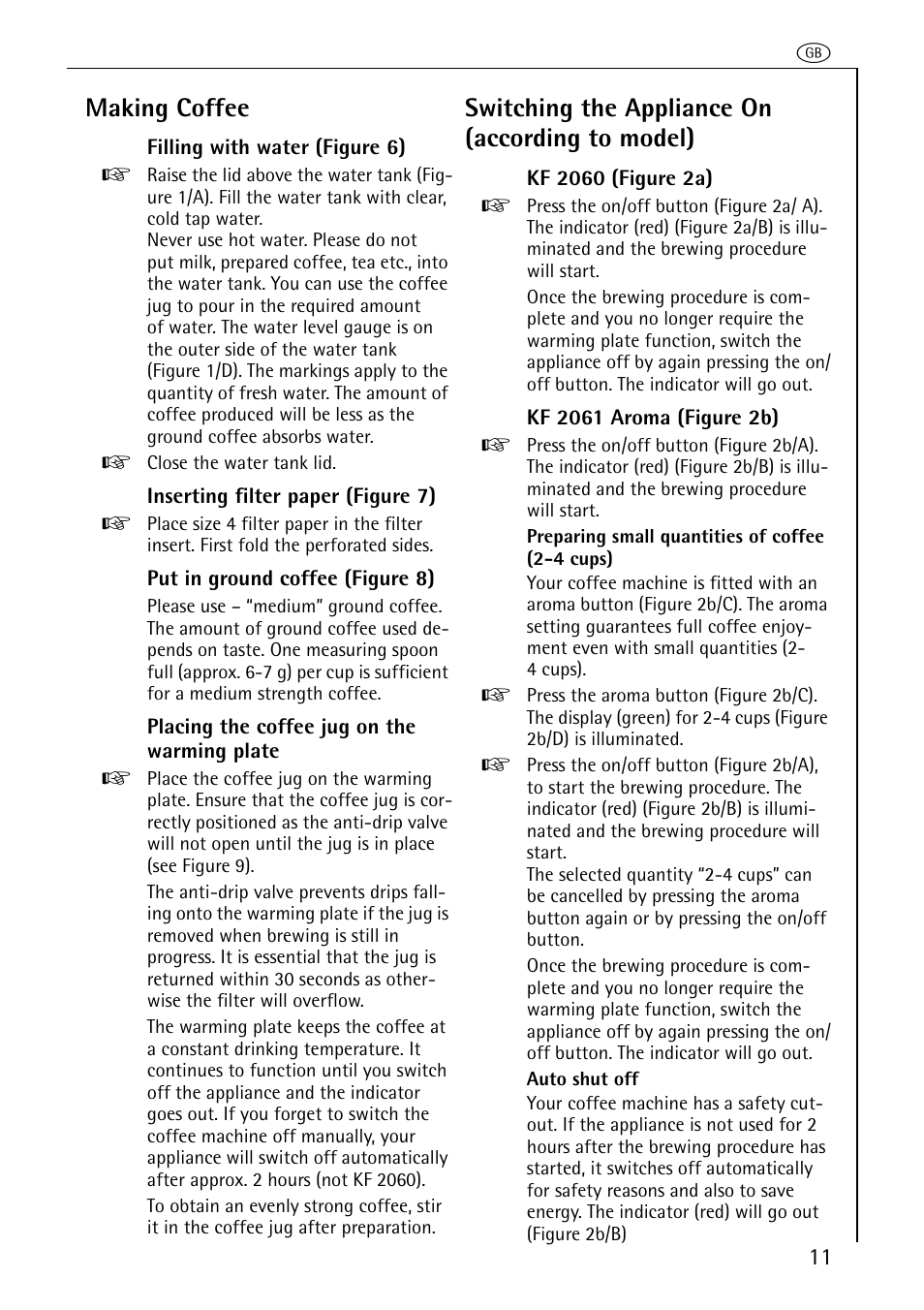 Making coffee, Switching the appliance on (according to model) | AEG KF 2061 AROMA User Manual | Page 6 / 10