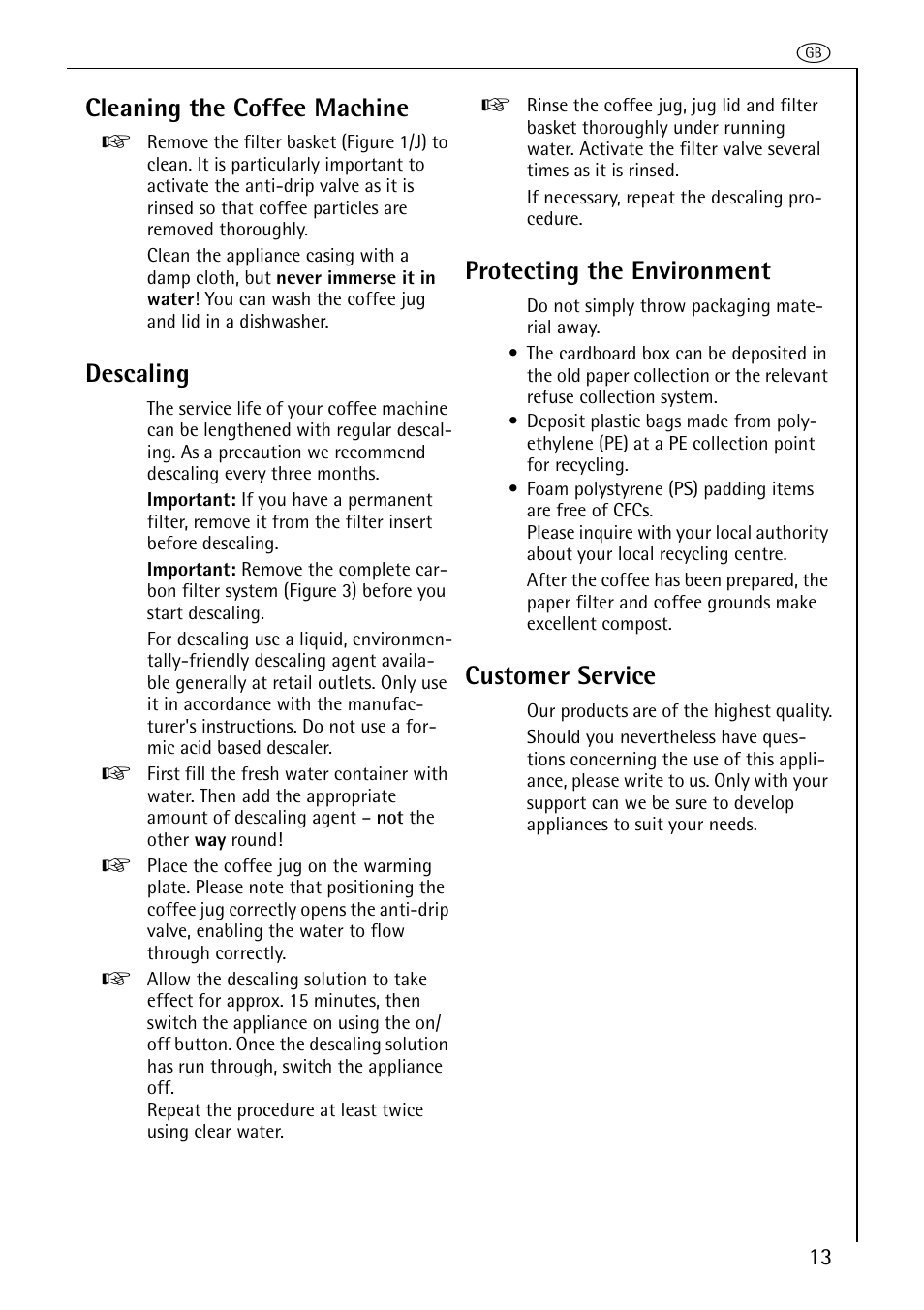 Cleaning the coffee machine, Descaling, Protecting the environment | Customer service | AEG KF 2061 AROMA User Manual | Page 8 / 10