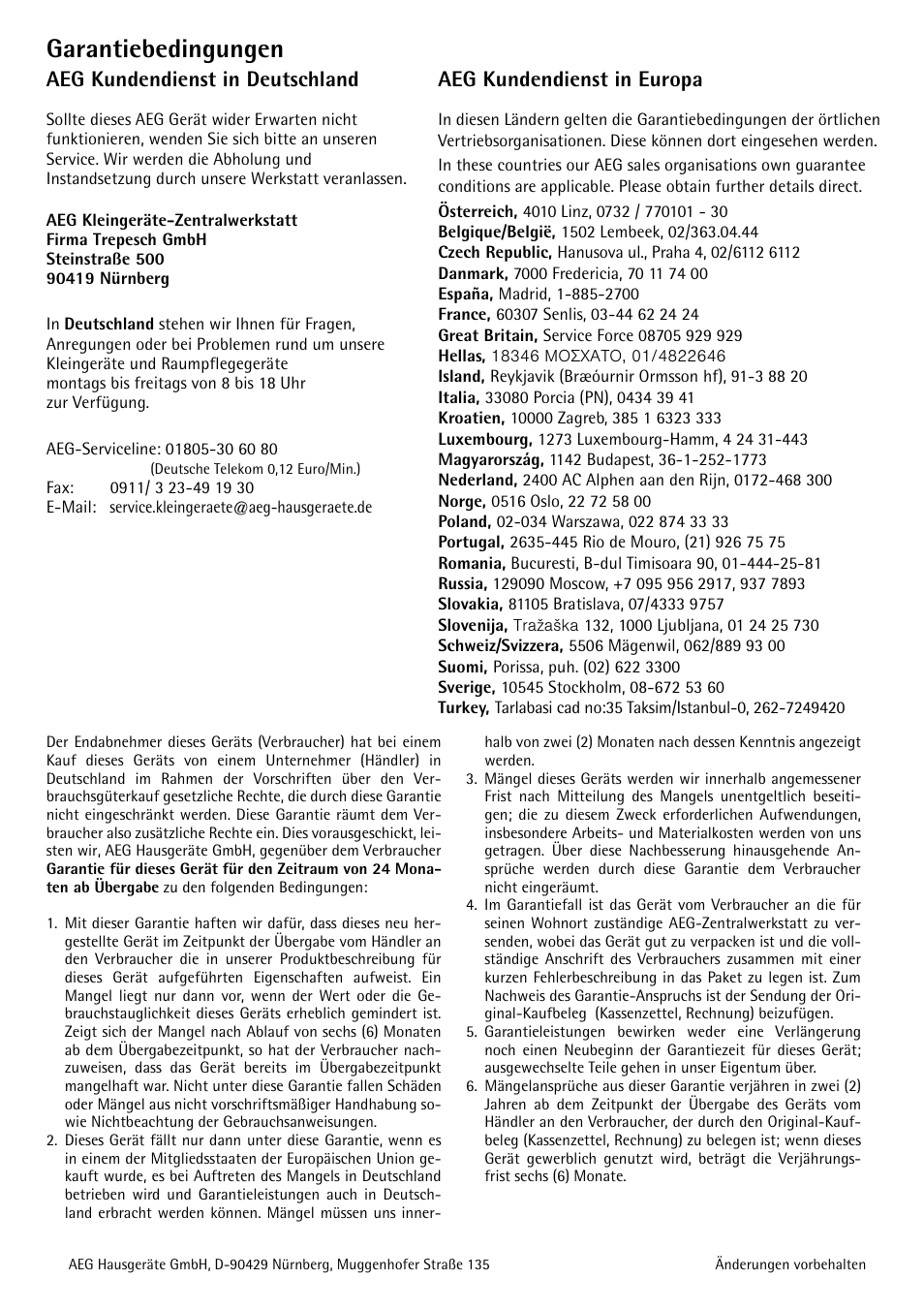 Garantiebedingungen, Aeg kundendienst in deutschland, Aeg kundendienst in europa | AEG KF 2061 AROMA User Manual | Page 9 / 10