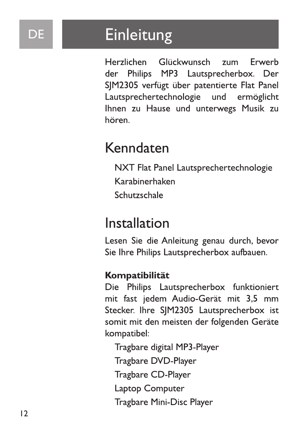 Einleitung, Kenndaten, Installation | Kompatibilität | Philips Funda de transporte User Manual | Page 12 / 70