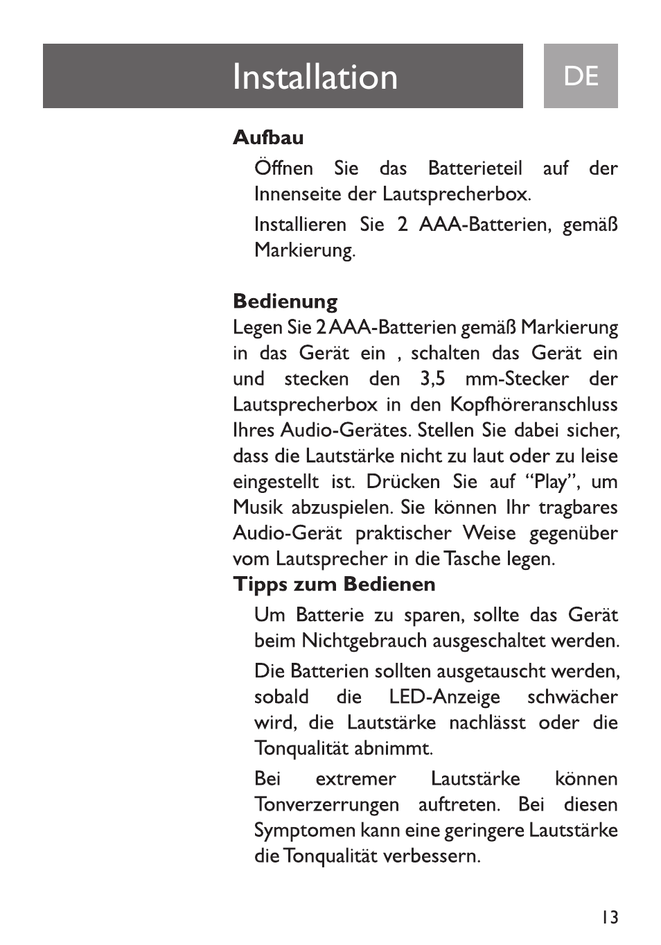 Installation, Aufbau, Bedienung | Philips Funda de transporte User Manual | Page 13 / 70