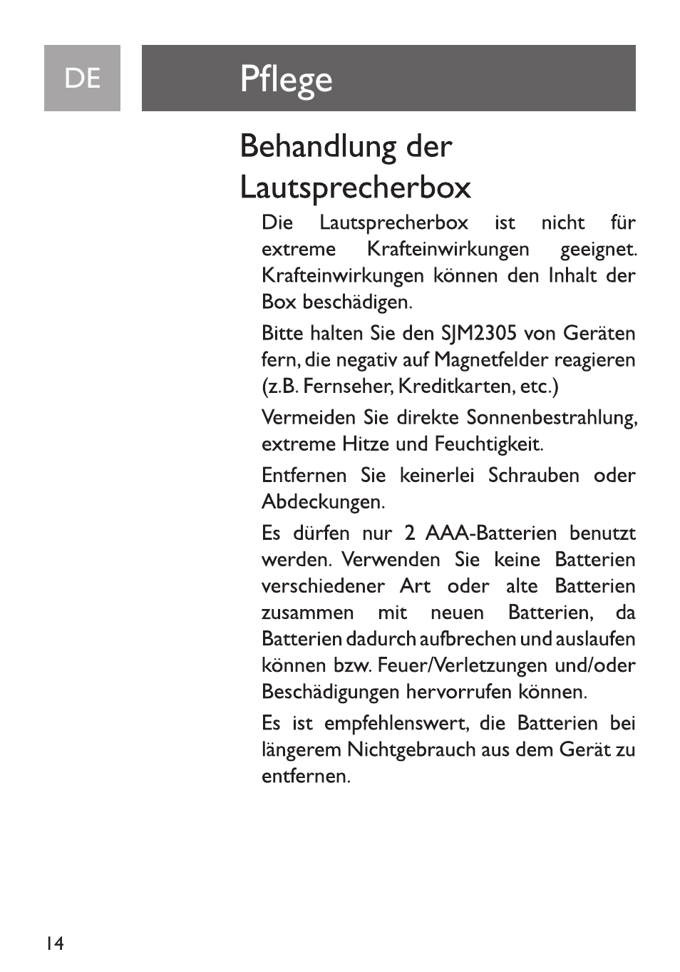 Pflege, Behandlung der lautsprecherbox | Philips Funda de transporte User Manual | Page 14 / 70