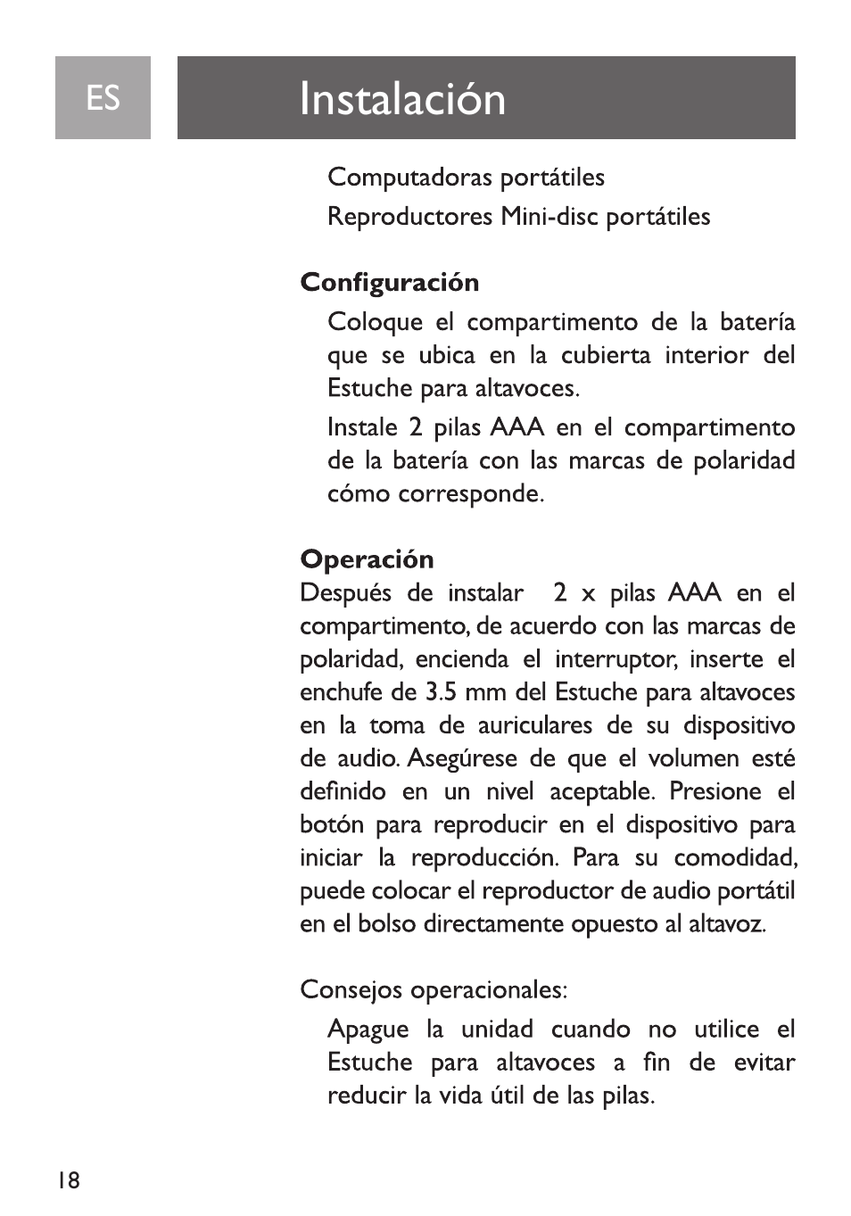 Instalación, Configuración, Operación | Philips Funda de transporte User Manual | Page 18 / 70