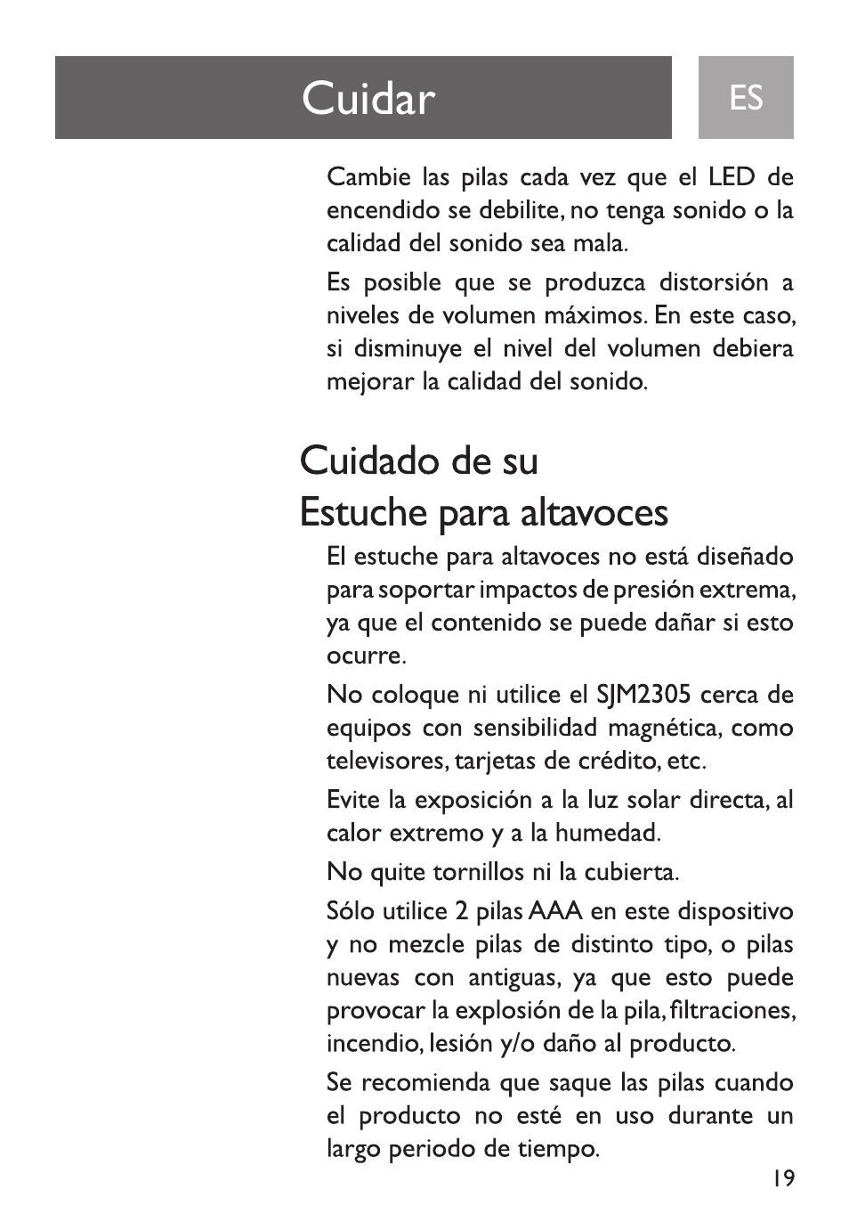 Cuidar, Cuidado de su estuche para altavoces | Philips Funda de transporte User Manual | Page 19 / 70