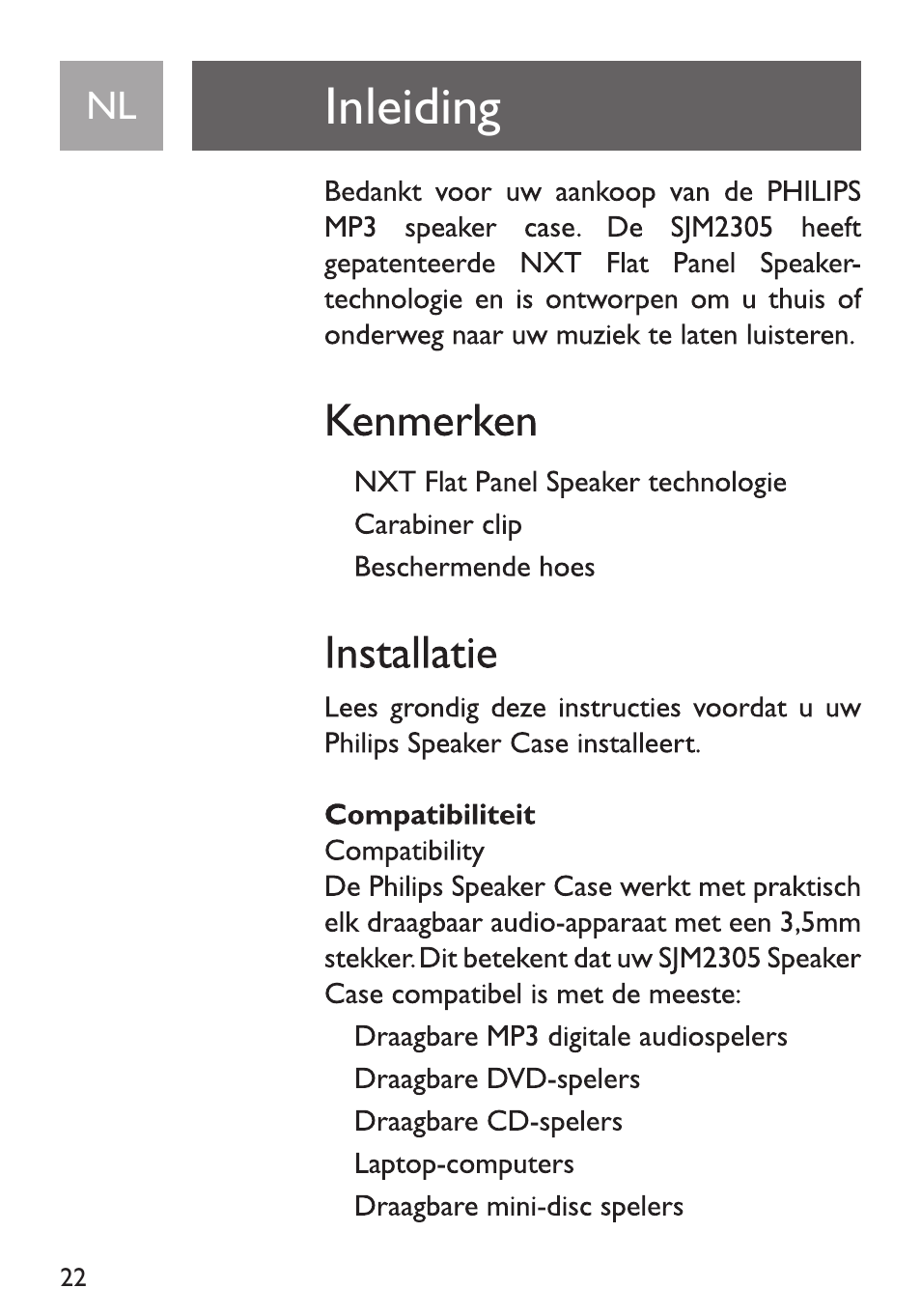 Inleiding, Kenmerken, Installatie | Compatibiliteit | Philips Funda de transporte User Manual | Page 22 / 70