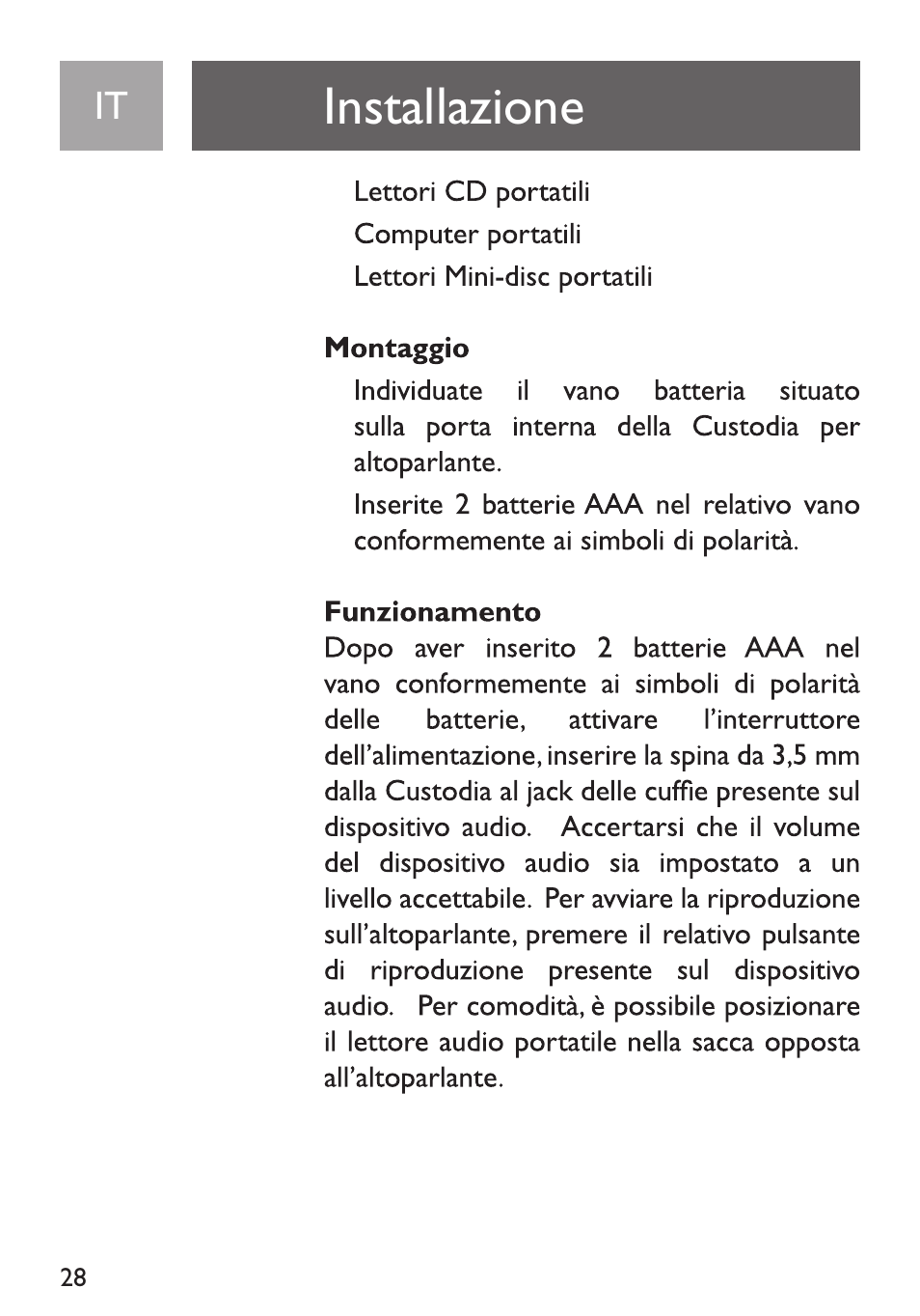 Installazione, Montaggio, Funzionamento | Philips Funda de transporte User Manual | Page 28 / 70