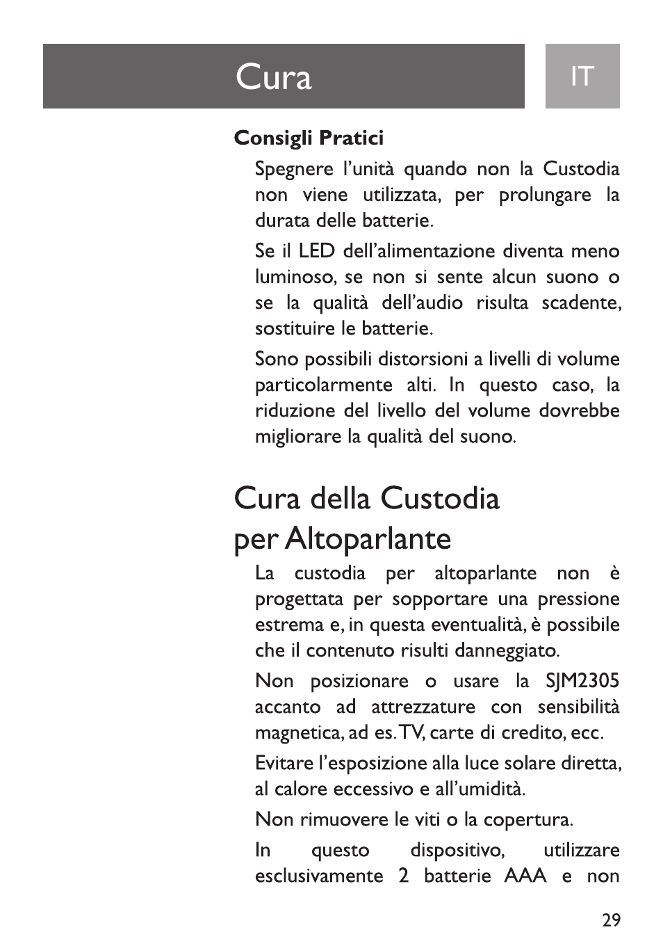 Cura della custodia per altoparlante, Cura | Philips Funda de transporte User Manual | Page 29 / 70