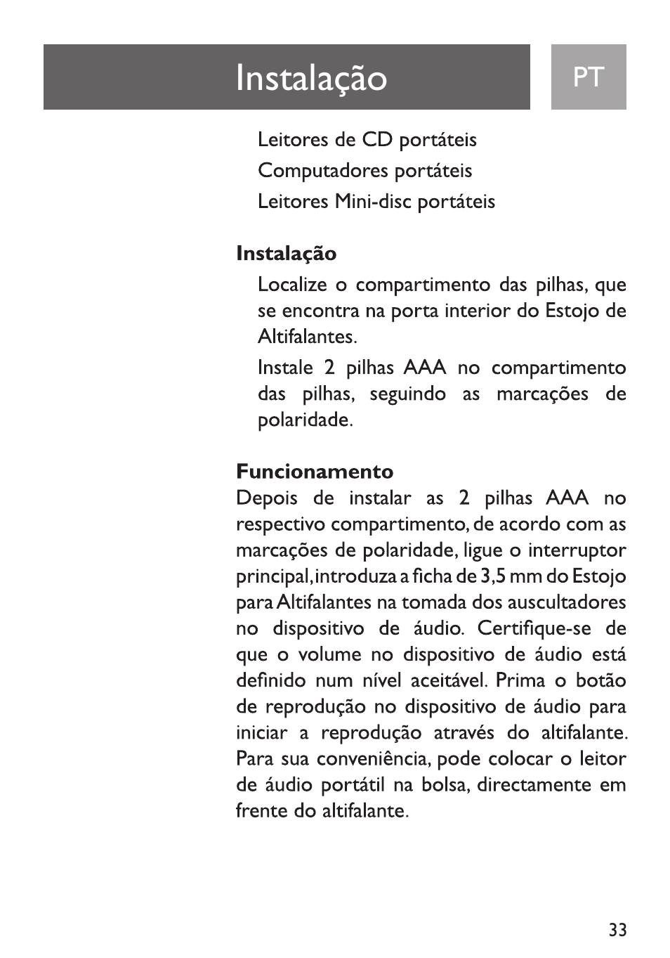 Instala^ào, Funcionannento | Philips Funda de transporte User Manual | Page 33 / 70