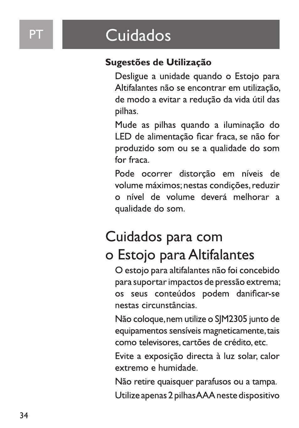 Cuidados, Cuidados para com o estojo para altifalantes | Philips Funda de transporte User Manual | Page 34 / 70