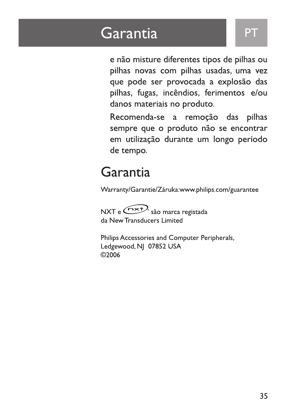 Garantía | Philips Funda de transporte User Manual | Page 35 / 70