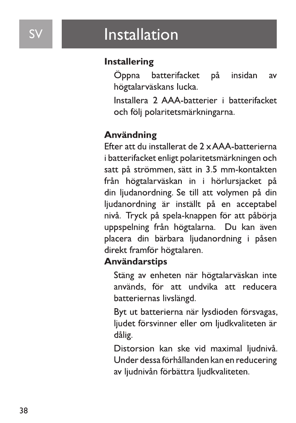 Installation, Installering, Användning | Philips Funda de transporte User Manual | Page 38 / 70