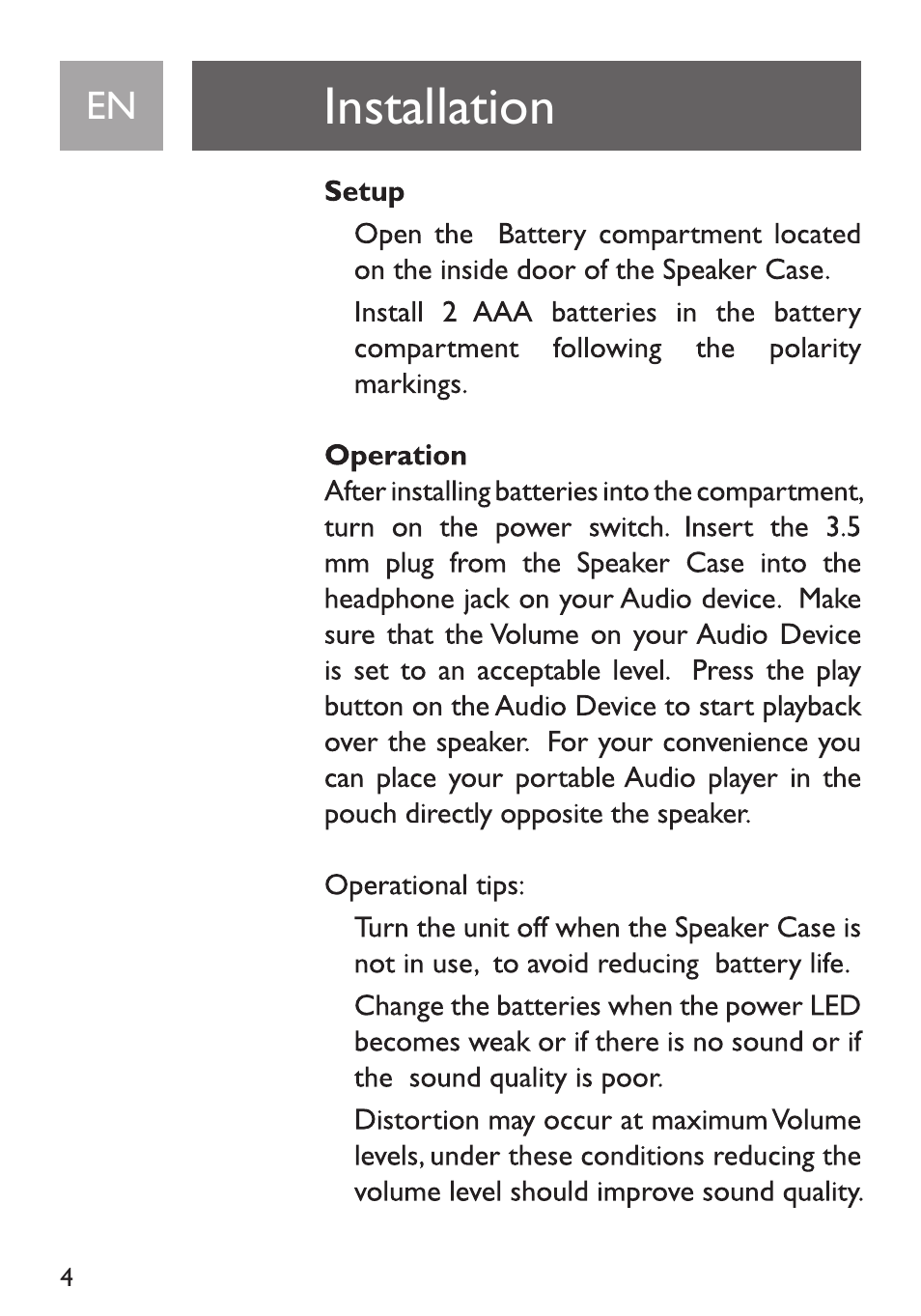 Installation, Setup, Operation | Philips Funda de transporte User Manual | Page 4 / 70