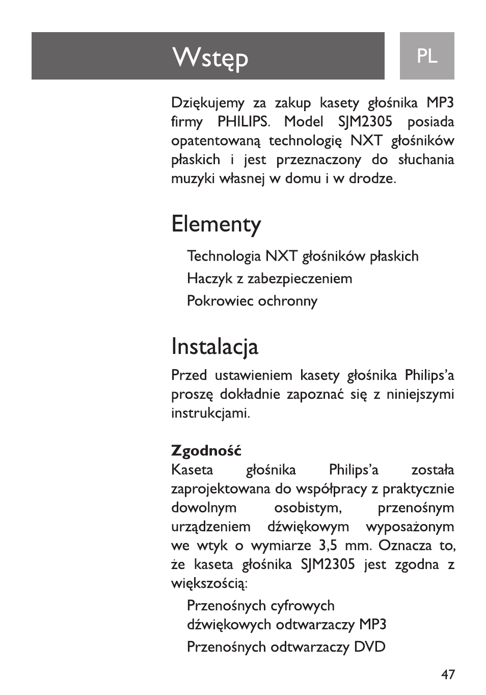 Wstqp, Elementy, Instalacja | Zgodnosc | Philips Funda de transporte User Manual | Page 47 / 70