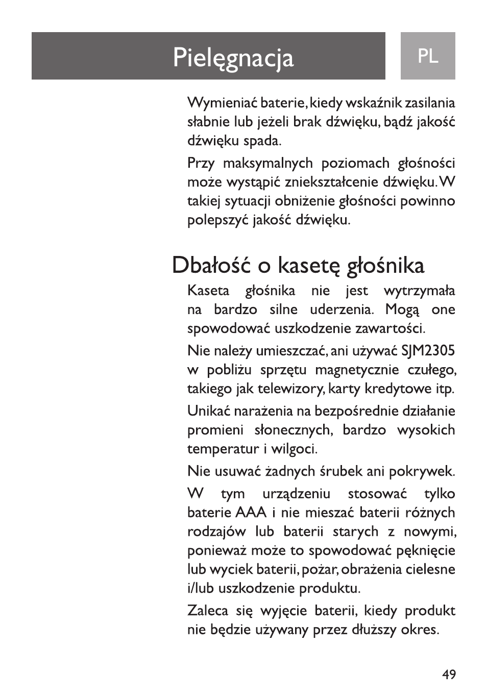 Pielqgnacja, Dbatosc o kasetq glosnika | Philips Funda de transporte User Manual | Page 49 / 70