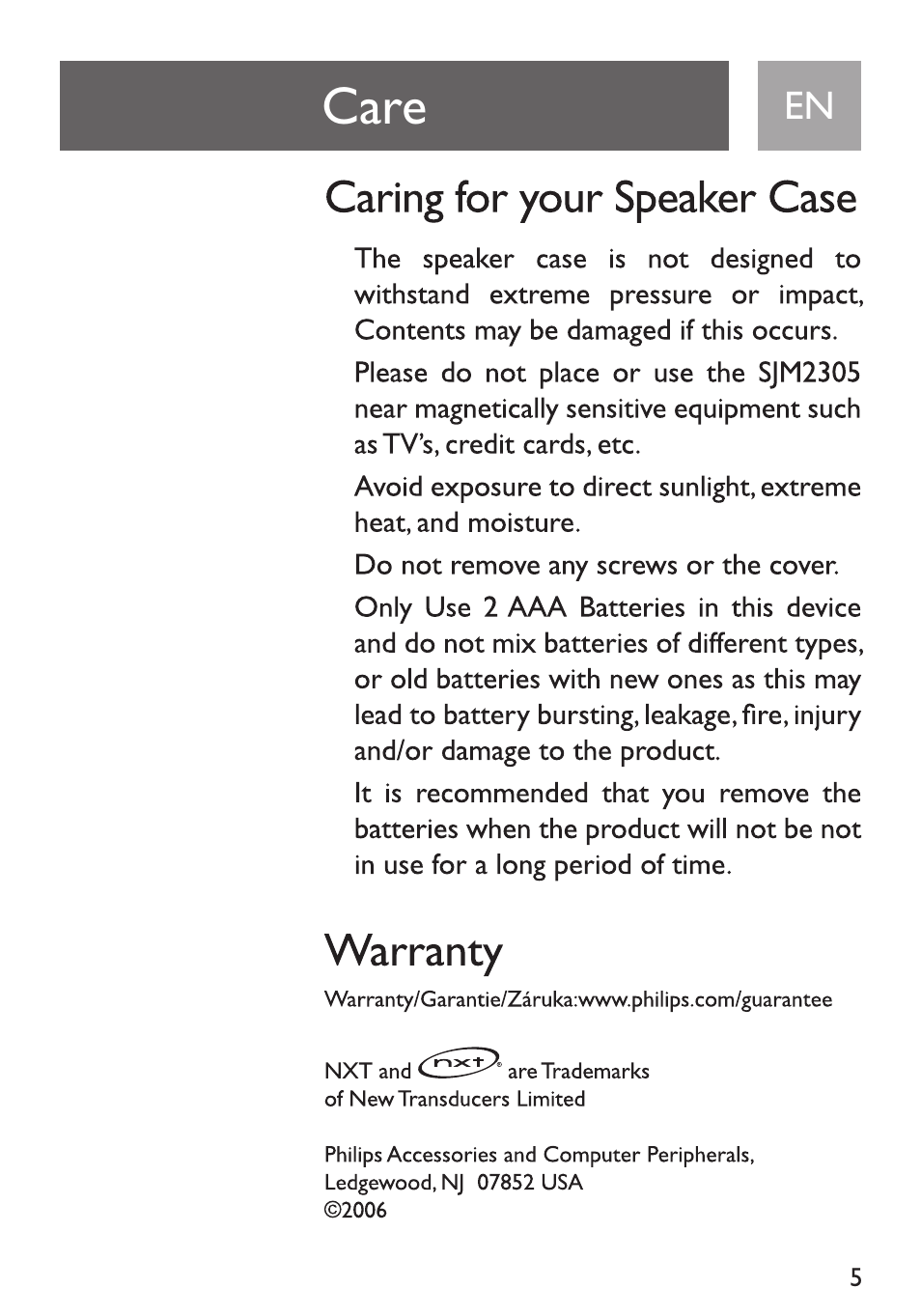 Caring for your speaker case, Warranty, Care | Philips Funda de transporte User Manual | Page 5 / 70