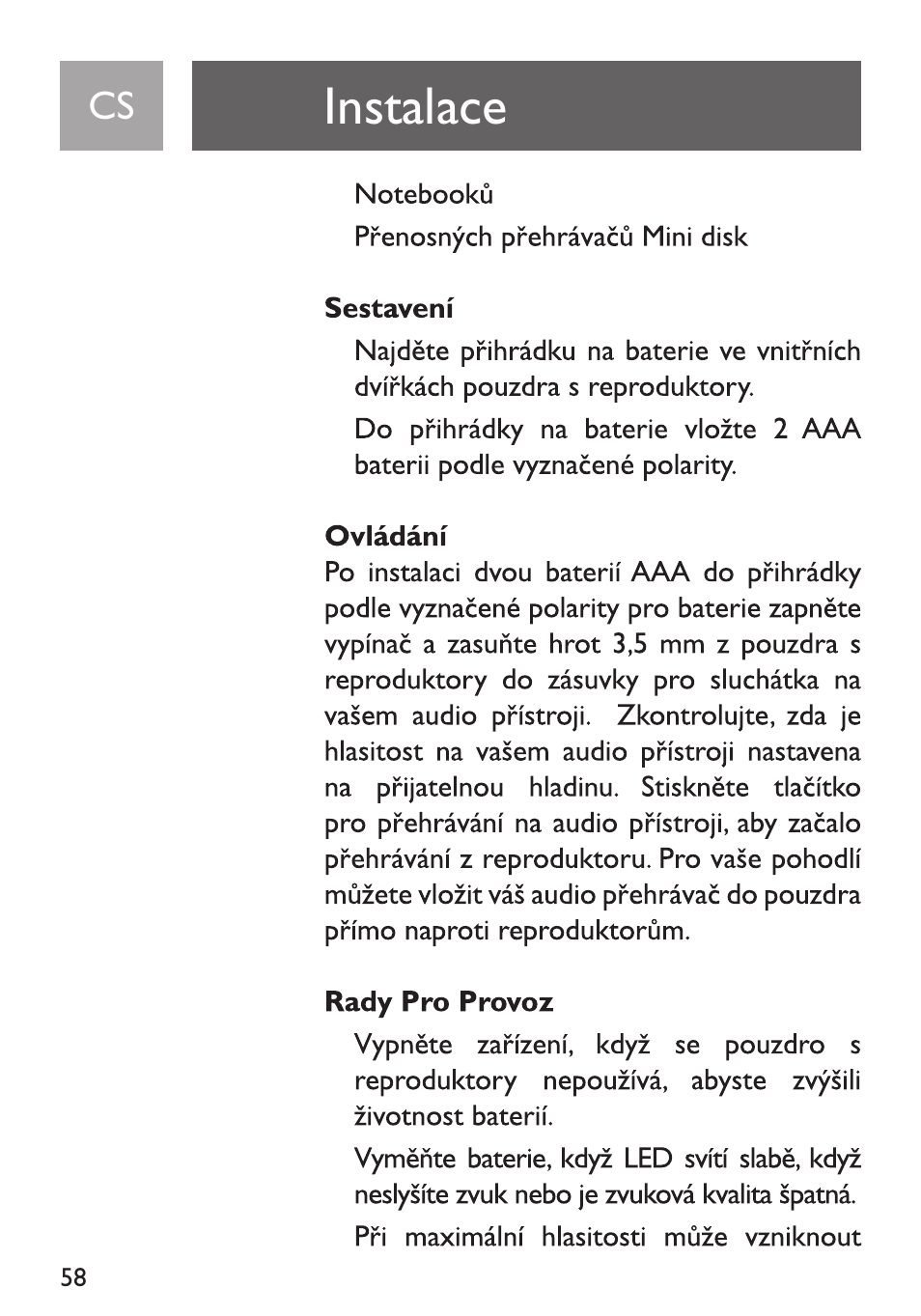 Instalace, Oviadani, Rady pro provoz | Philips Funda de transporte User Manual | Page 58 / 70