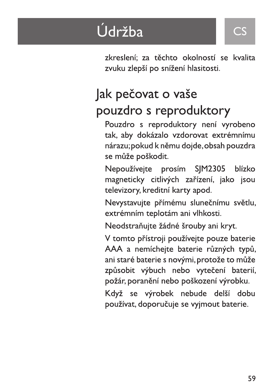 Údrzba, Jak pecovat o vase pouzdro s reproduktory | Philips Funda de transporte User Manual | Page 59 / 70