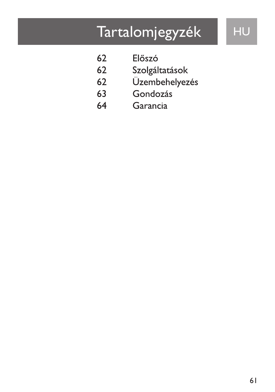 Tartalomjegyzék i hu, Tartalomjegyzék | Philips Funda de transporte User Manual | Page 61 / 70