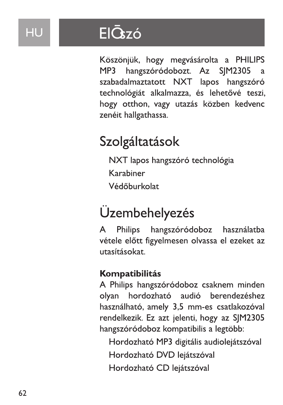 Eicszó, Szolgáltatások, Üzembehelyezés | Kompatibilitás | Philips Funda de transporte User Manual | Page 62 / 70