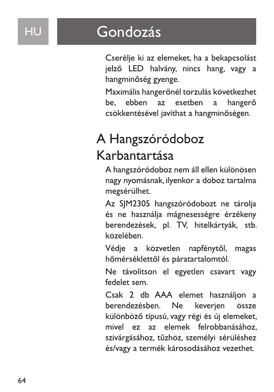 Gondozas, A hangszôrôdoboz karbantartasa | Philips Funda de transporte User Manual | Page 64 / 70