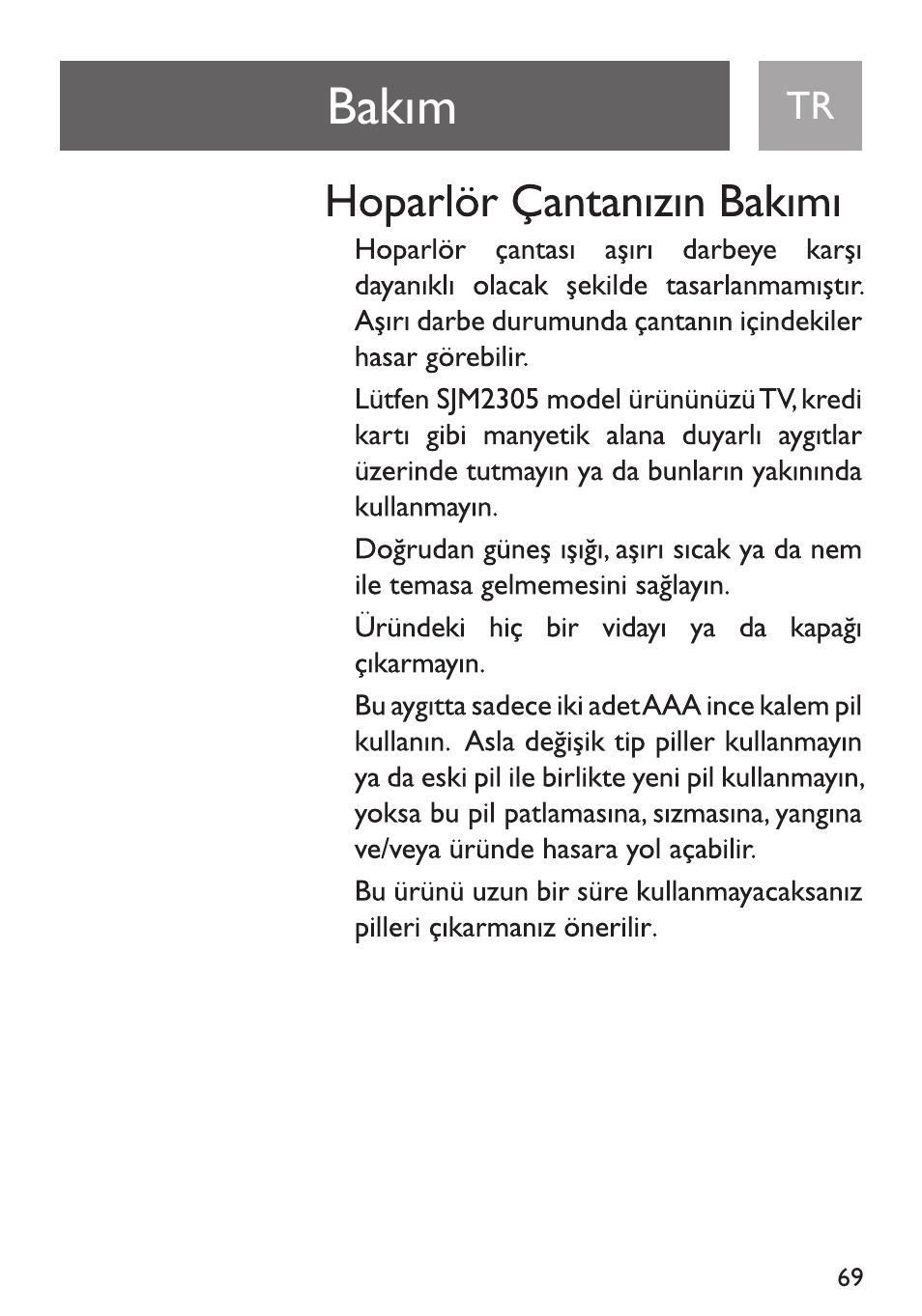 Bakim, Hoparlôr çantanizin bakimi | Philips Funda de transporte User Manual | Page 69 / 70