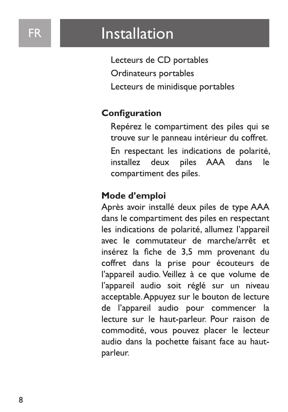 Installation, Configuration, Mode d’emploi | Philips Funda de transporte User Manual | Page 8 / 70