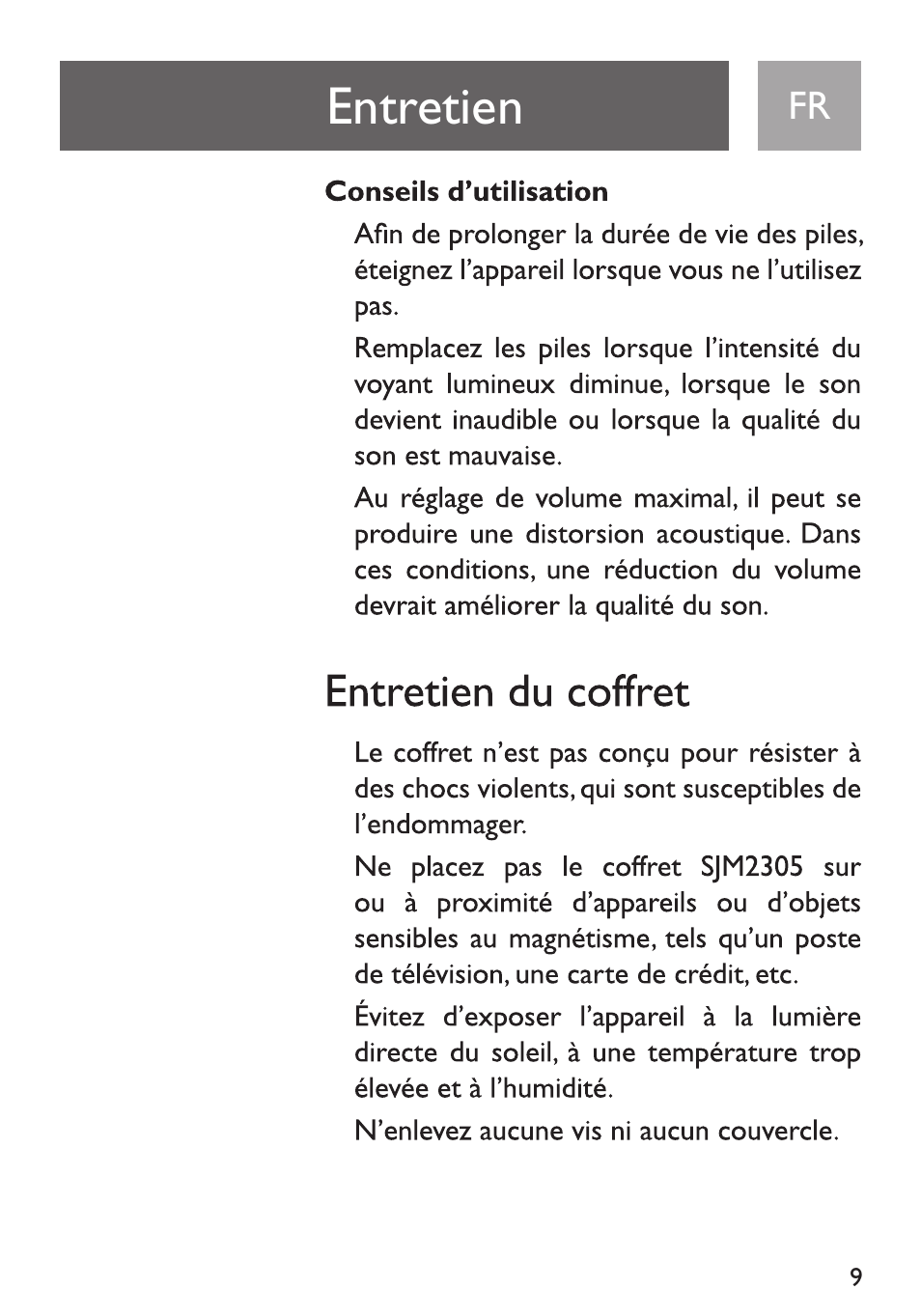 Entretien, Conseils d’utilisation, Entretien du coffret | Philips Funda de transporte User Manual | Page 9 / 70