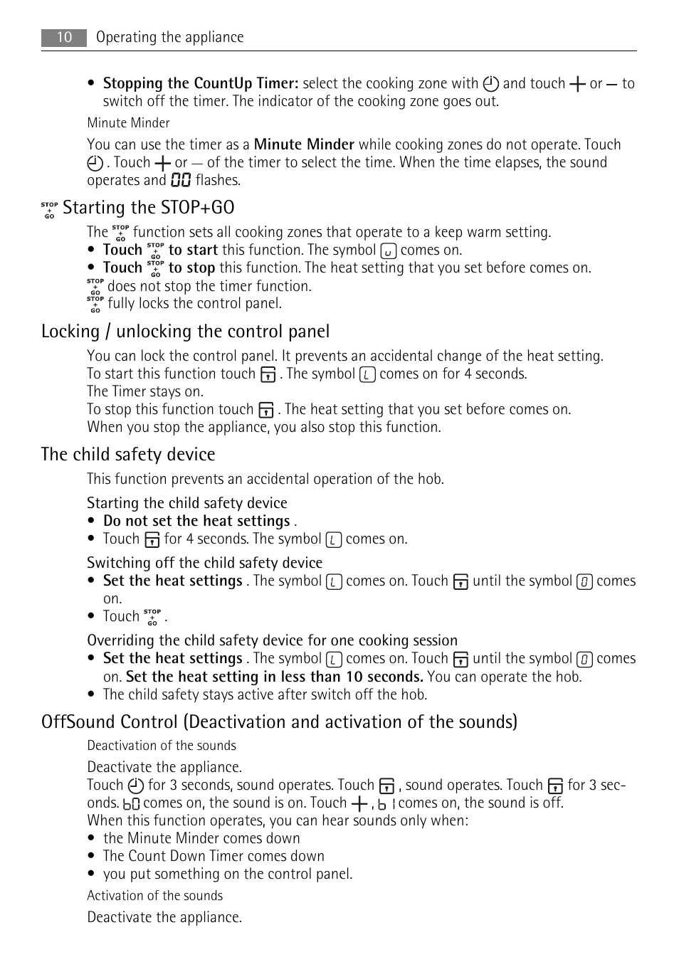 Starting the stop+go, Locking / unlocking the control panel, The child safety device | AEG HM834080F-B User Manual | Page 10 / 16