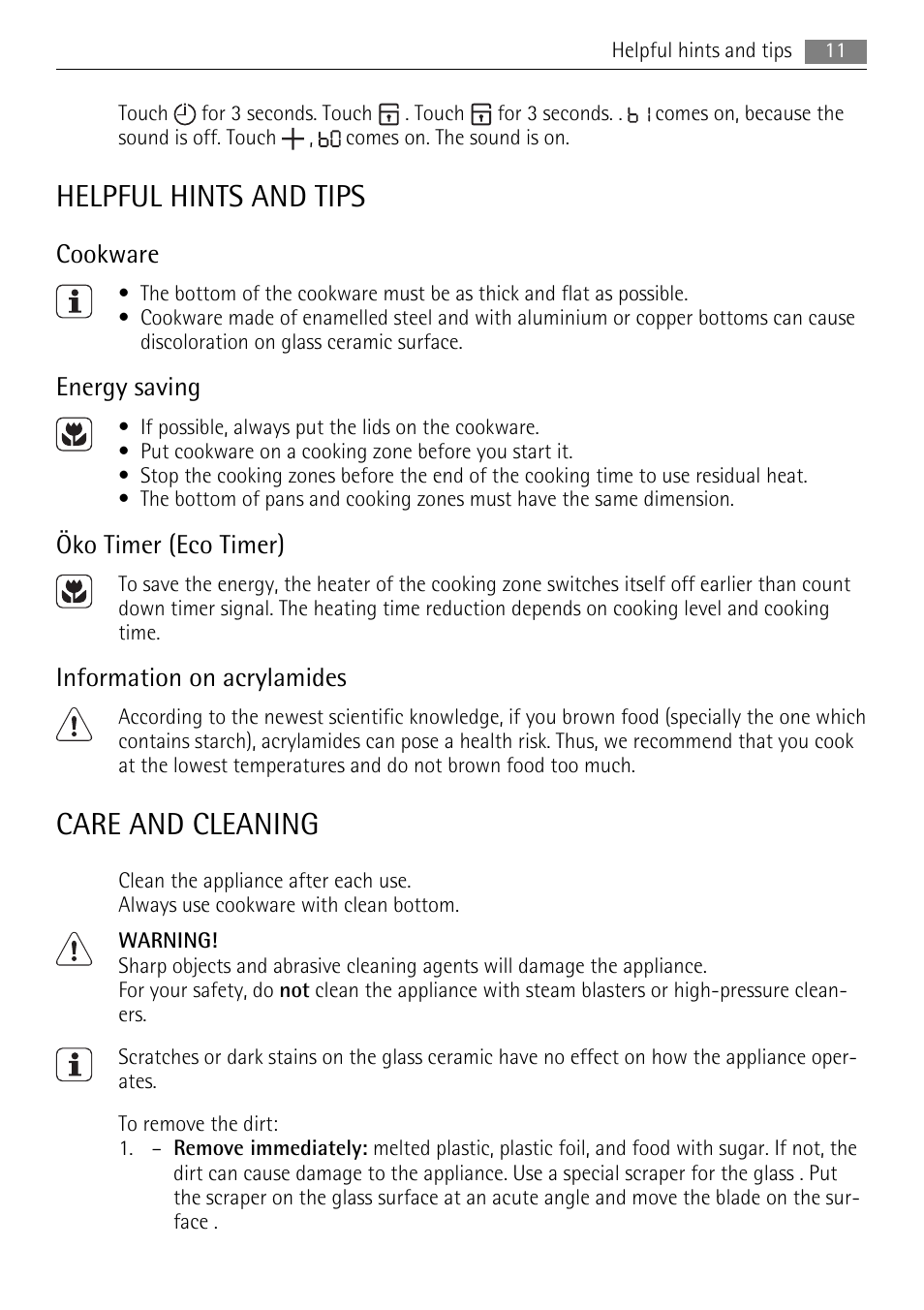 Helpful hints and tips, Care and cleaning, Cookware | Energy saving, Öko timer (eco timer), Information on acrylamides | AEG HM834080F-B User Manual | Page 11 / 16