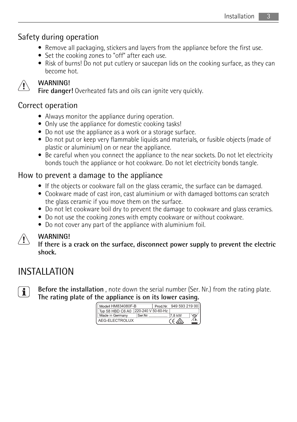 Installation, Safety during operation, Correct operation | How to prevent a damage to the appliance | AEG HM834080F-B User Manual | Page 3 / 16