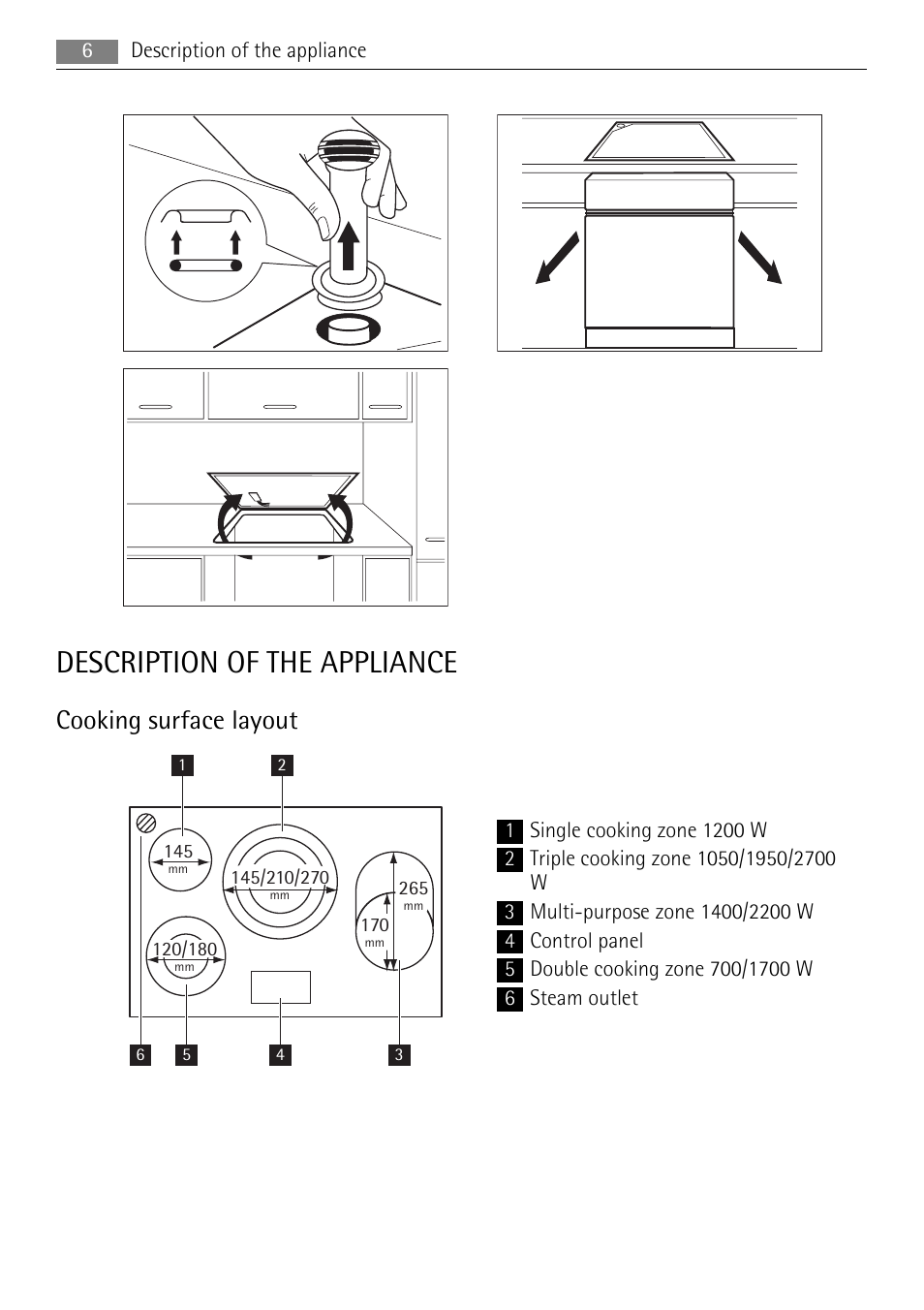 Description of the appliance, Cooking surface layout | AEG HM834080F-B User Manual | Page 6 / 16