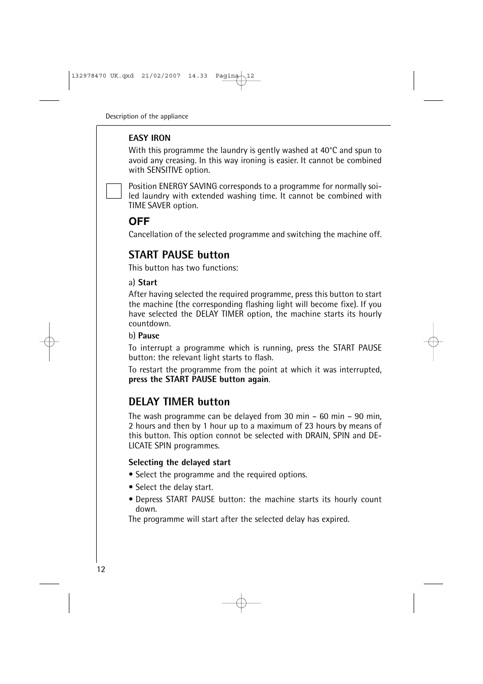 Start pause button, Delay timer button | AEG Lavamat 74900 User Manual | Page 12 / 48