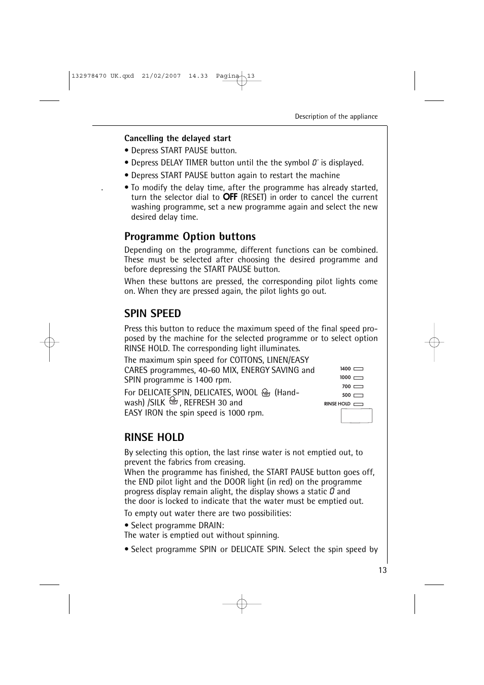 Programme option buttons, Spin speed, Rinse hold | AEG Lavamat 74900 User Manual | Page 13 / 48