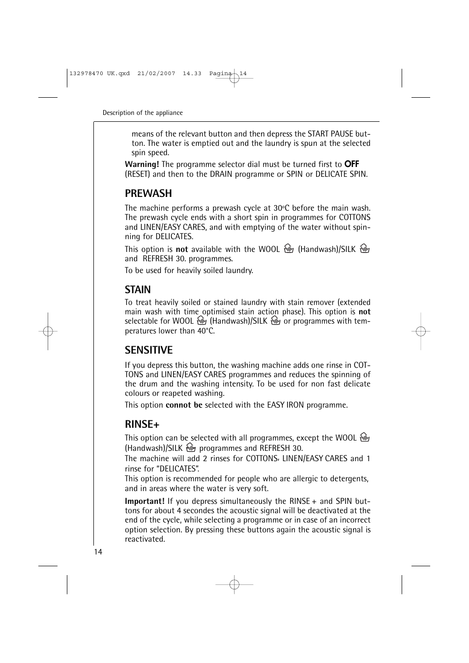 Prewash, Stain, Sensitive | Rinse | AEG Lavamat 74900 User Manual | Page 14 / 48