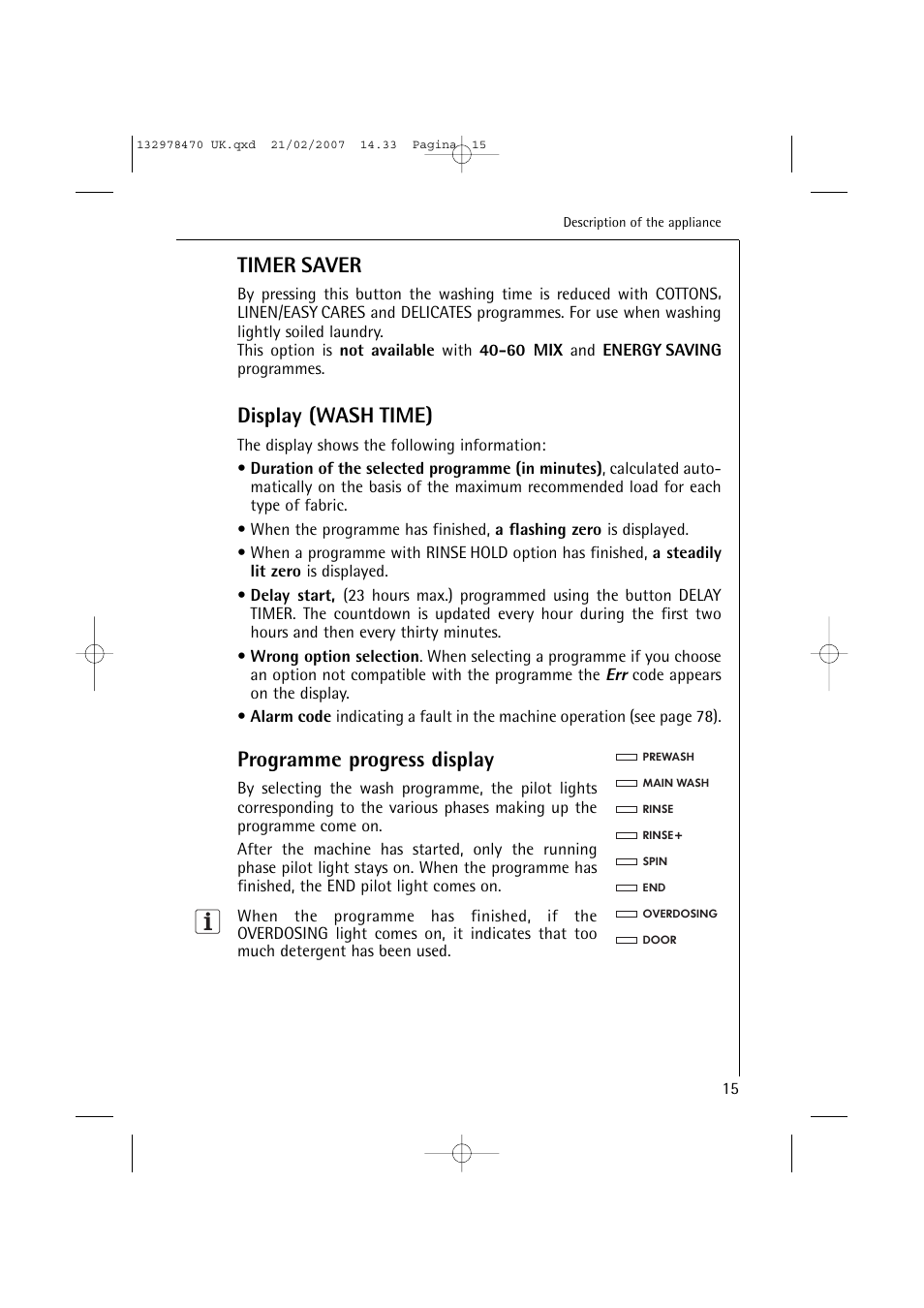 Timer saver, Display (wash time), Programme progress display | AEG Lavamat 74900 User Manual | Page 15 / 48