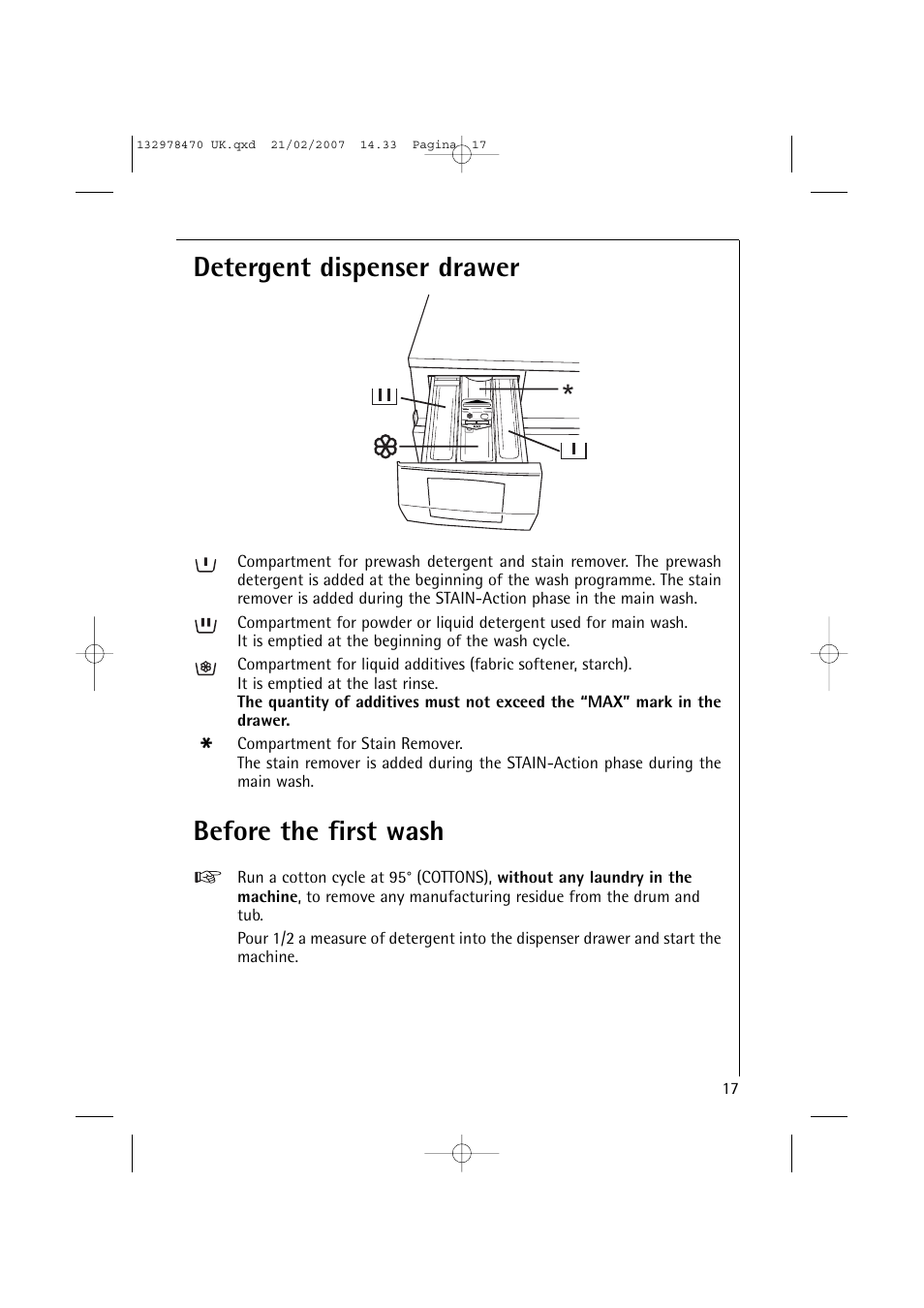 Detergent dispenser drawer, Before the first wash | AEG Lavamat 74900 User Manual | Page 17 / 48