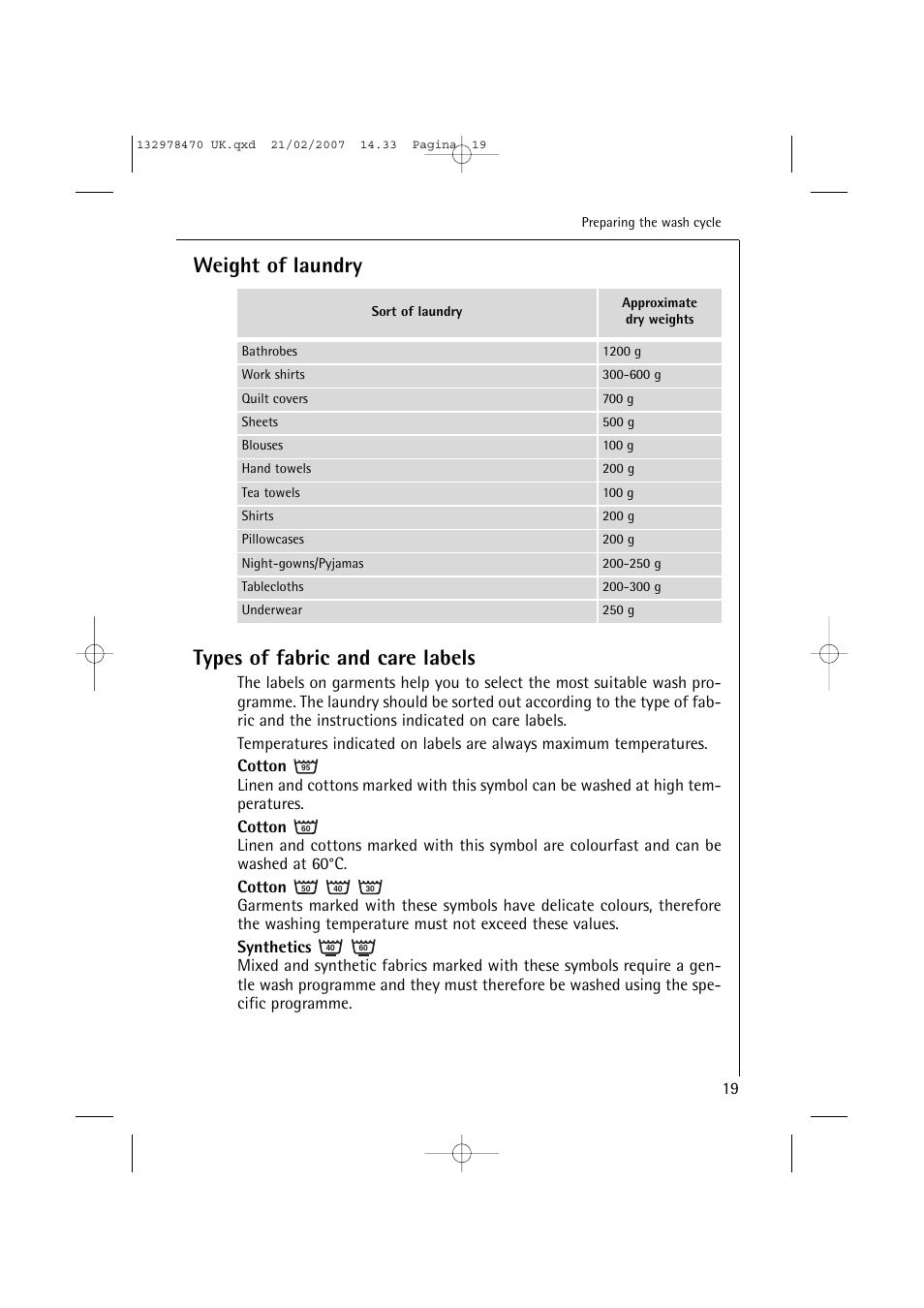 Weight of laundry types of fabric and care labels | AEG Lavamat 74900 User Manual | Page 19 / 48