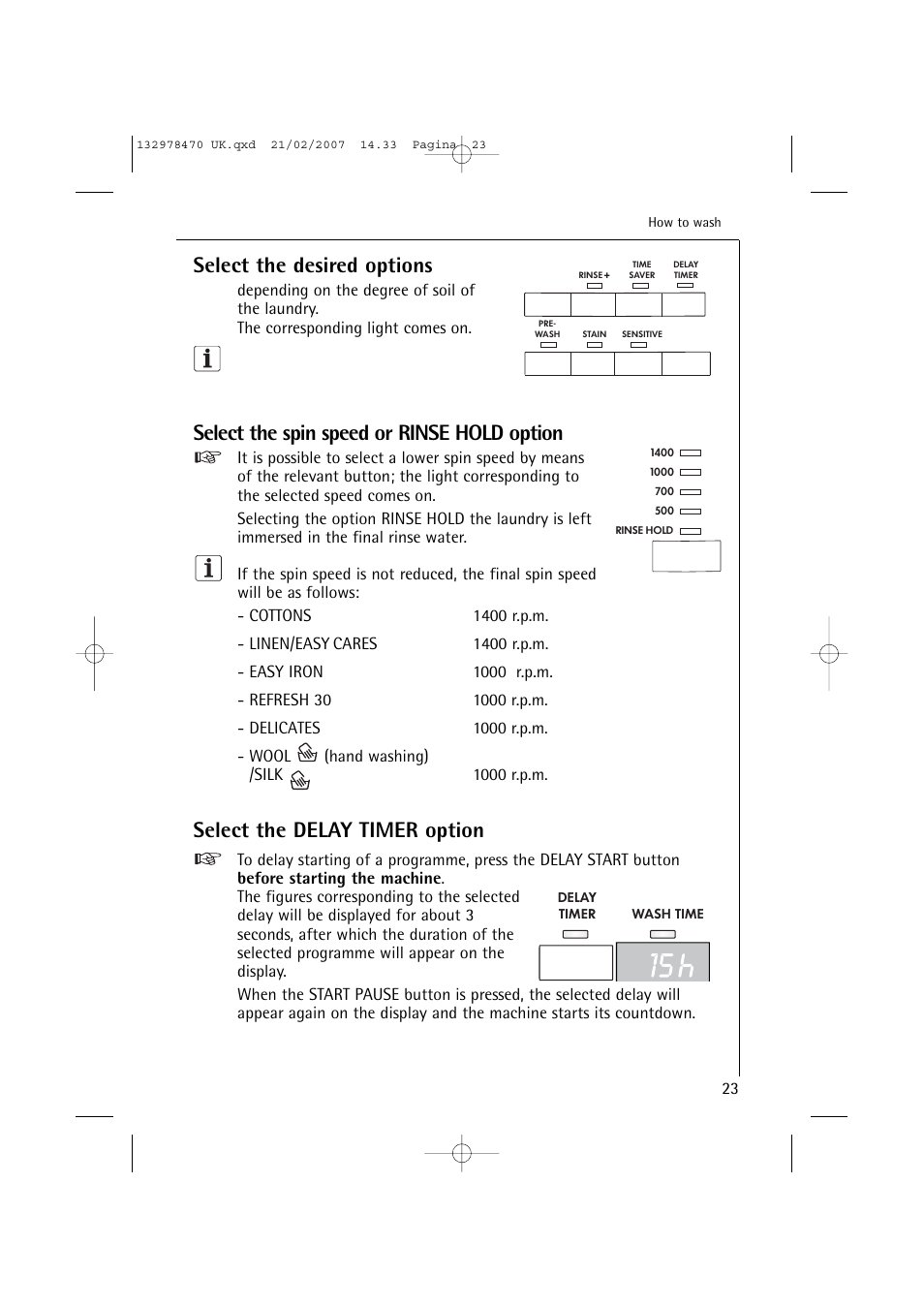 Select the desired options, Select the spin speed or rinse hold option, Select the delay timer option | AEG Lavamat 74900 User Manual | Page 23 / 48