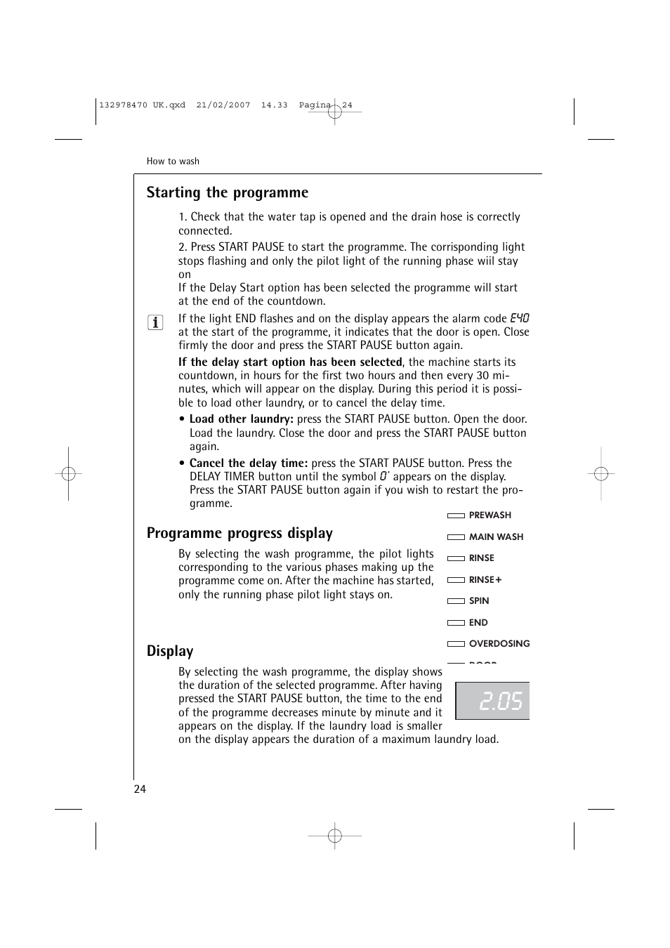 Starting the programme, Programme progress display, Display | AEG Lavamat 74900 User Manual | Page 24 / 48