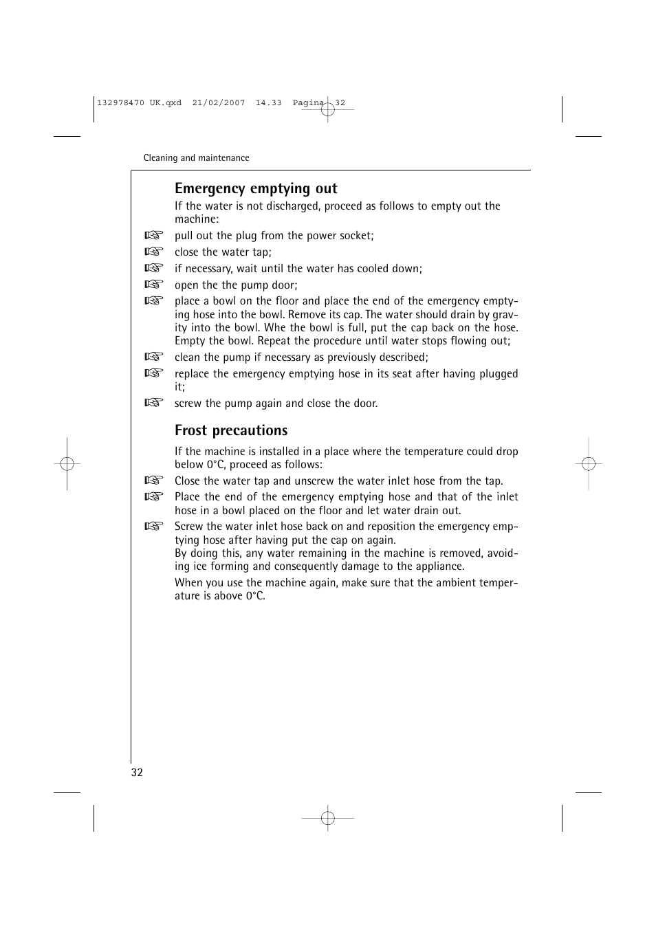 Emergency emptying out, Frost precautions | AEG Lavamat 74900 User Manual | Page 32 / 48