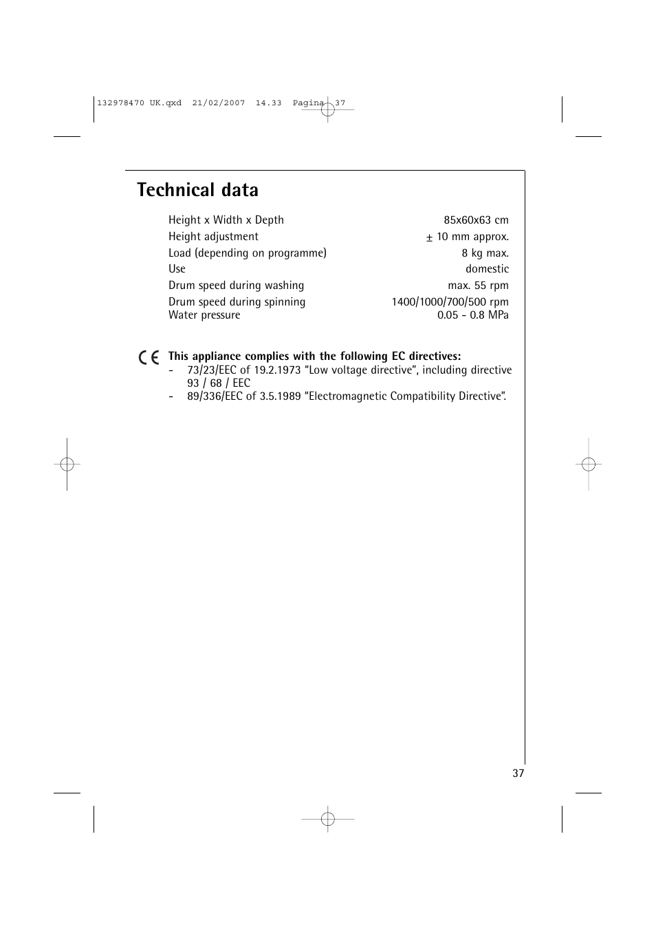 Technical data | AEG Lavamat 74900 User Manual | Page 37 / 48