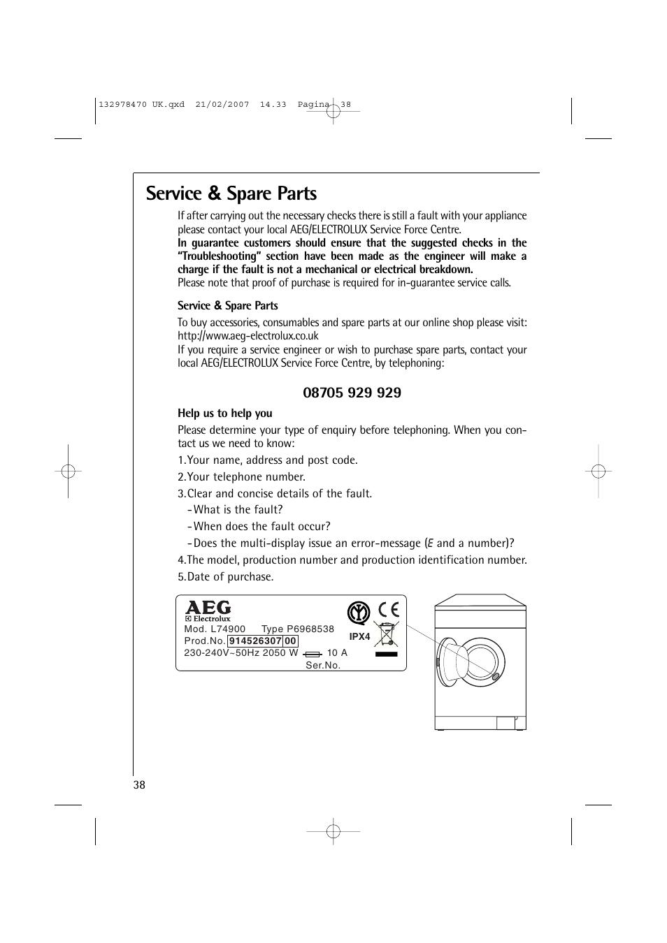 Service & spare parts | AEG Lavamat 74900 User Manual | Page 38 / 48