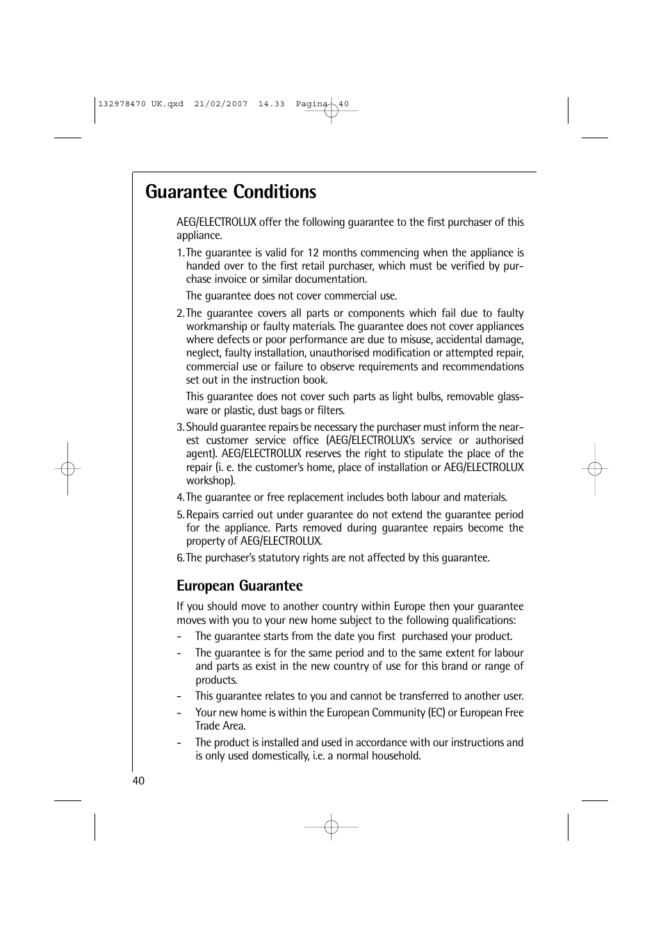 Guarantee conditions, European guarantee | AEG Lavamat 74900 User Manual | Page 40 / 48