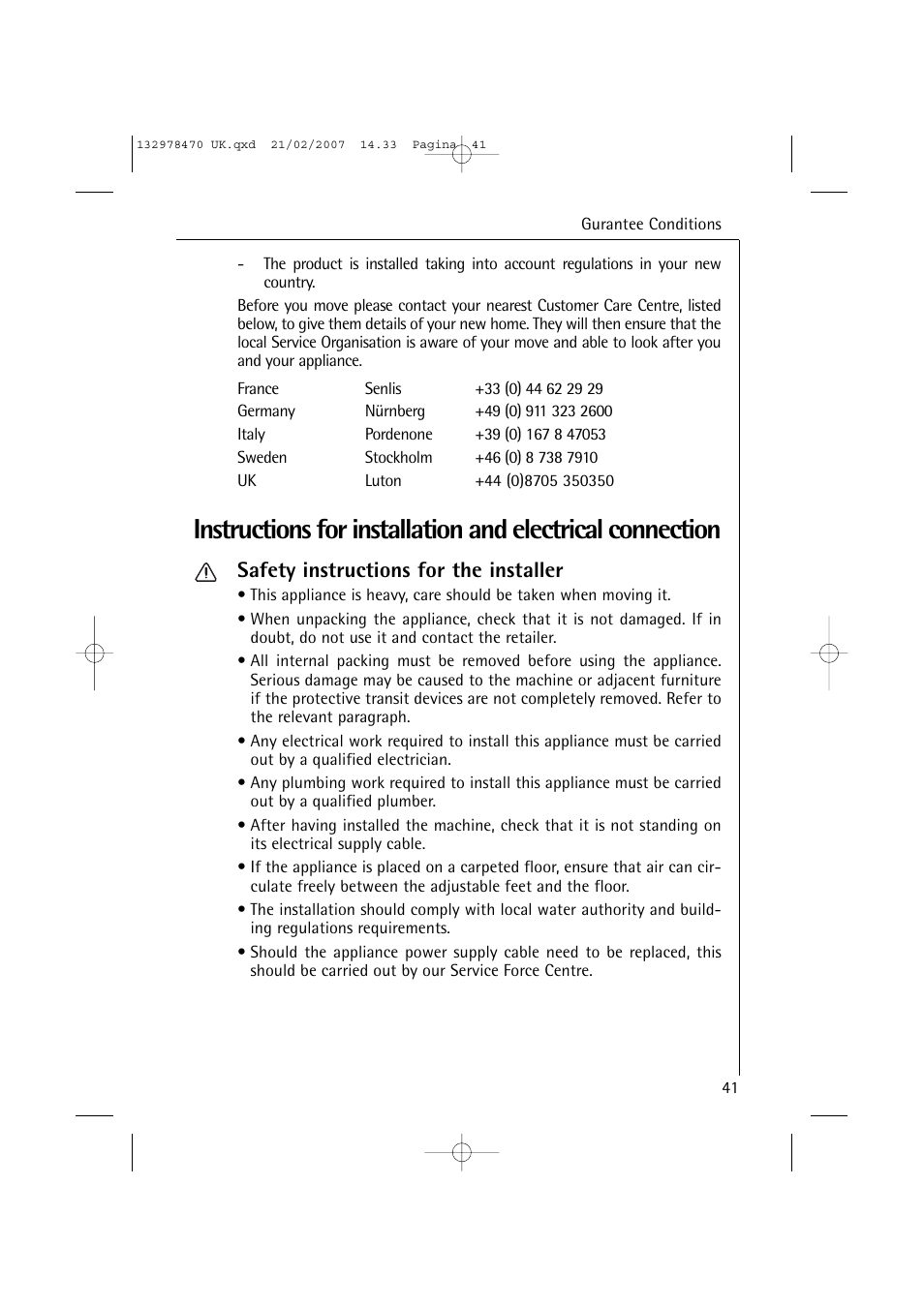 Safety instructions for the installer | AEG Lavamat 74900 User Manual | Page 41 / 48