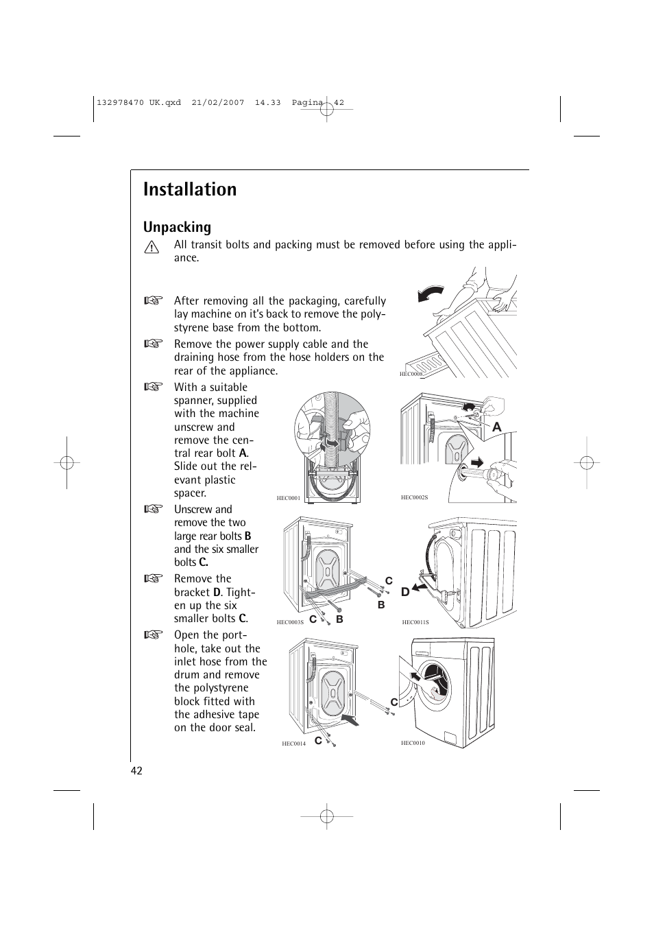 Installation, Unpacking | AEG Lavamat 74900 User Manual | Page 42 / 48