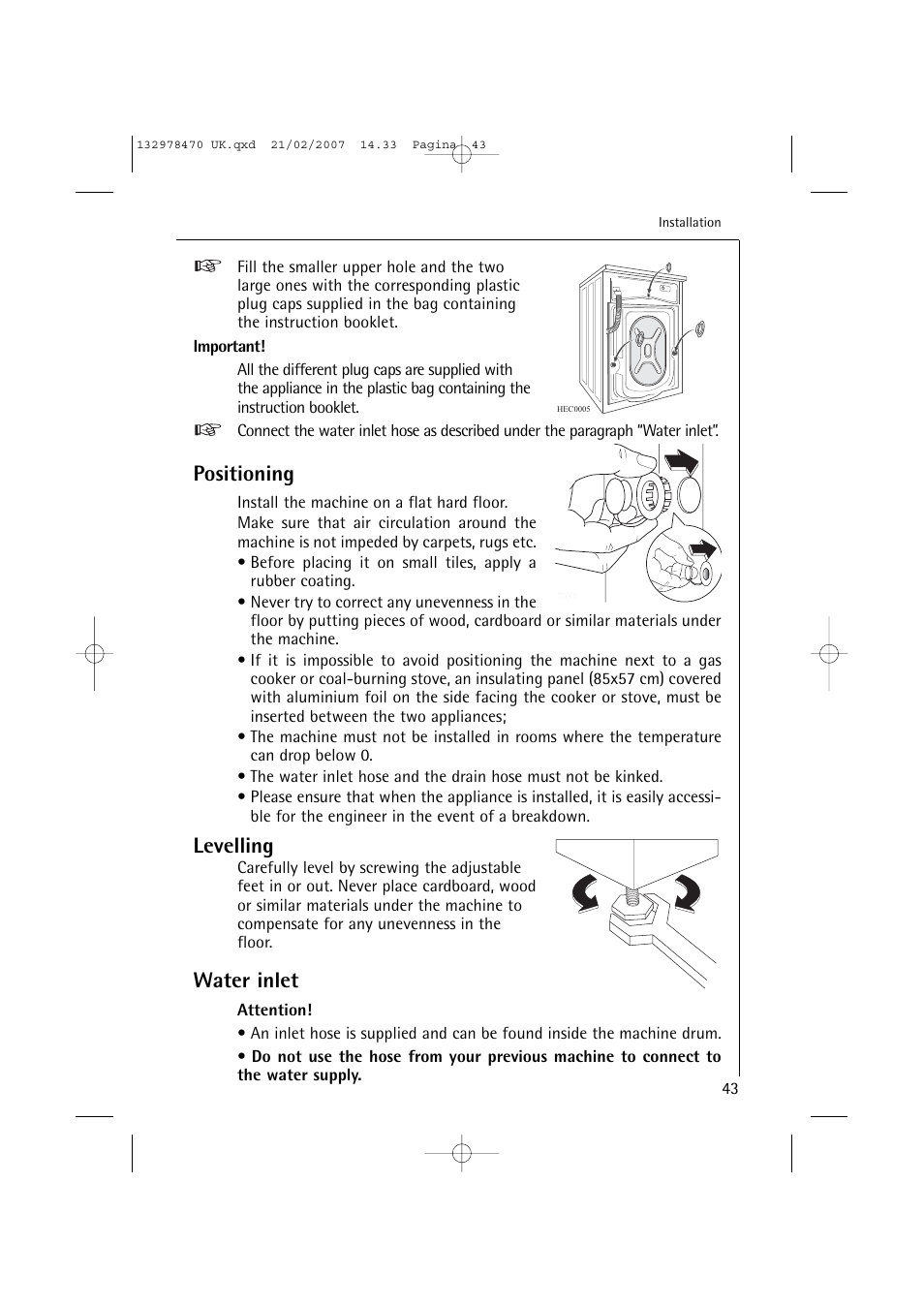 Positioning, Levelling, Water inlet | AEG Lavamat 74900 User Manual | Page 43 / 48