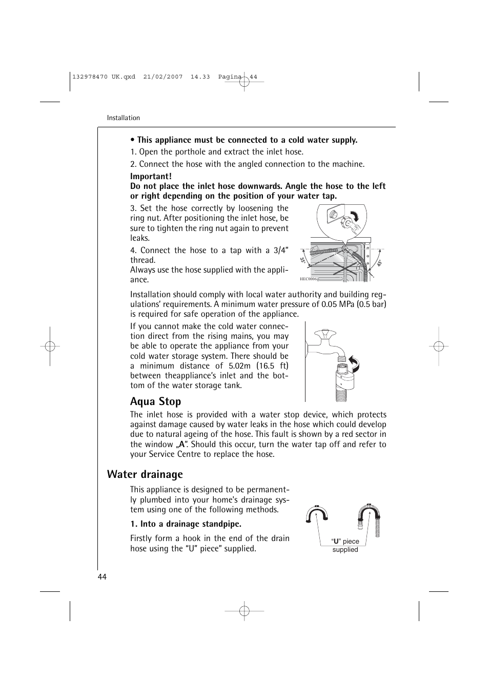 Aqua stop, Water drainage | AEG Lavamat 74900 User Manual | Page 44 / 48